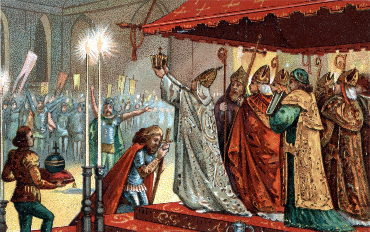 Carlos Magno (742-814) coroado pelo Papa Leão III (c750-816) na basílica de São Pedro, em Roma, em 25 de dezembro de 800 - Sagrado (Coroação) de Carlos Magno (742 - 814) em 800 pelo Papa Leão III. de Unknown artist