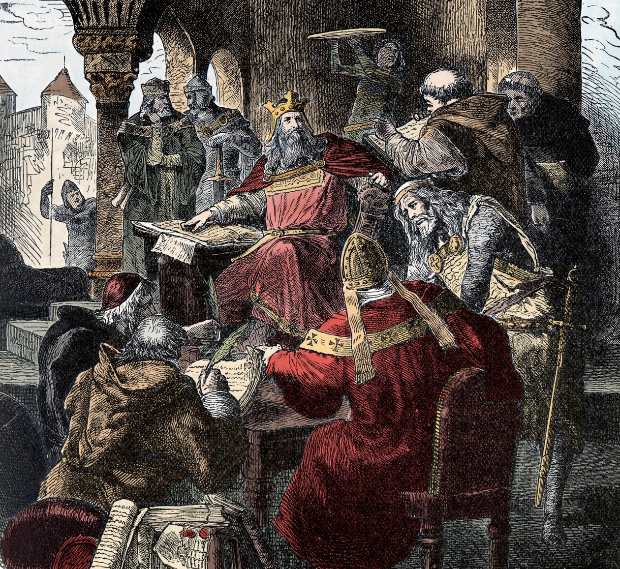 Carlos Magno (742 - 814) em seu trono presidindo a Academia do Palácio (gravura) de Unknown artist