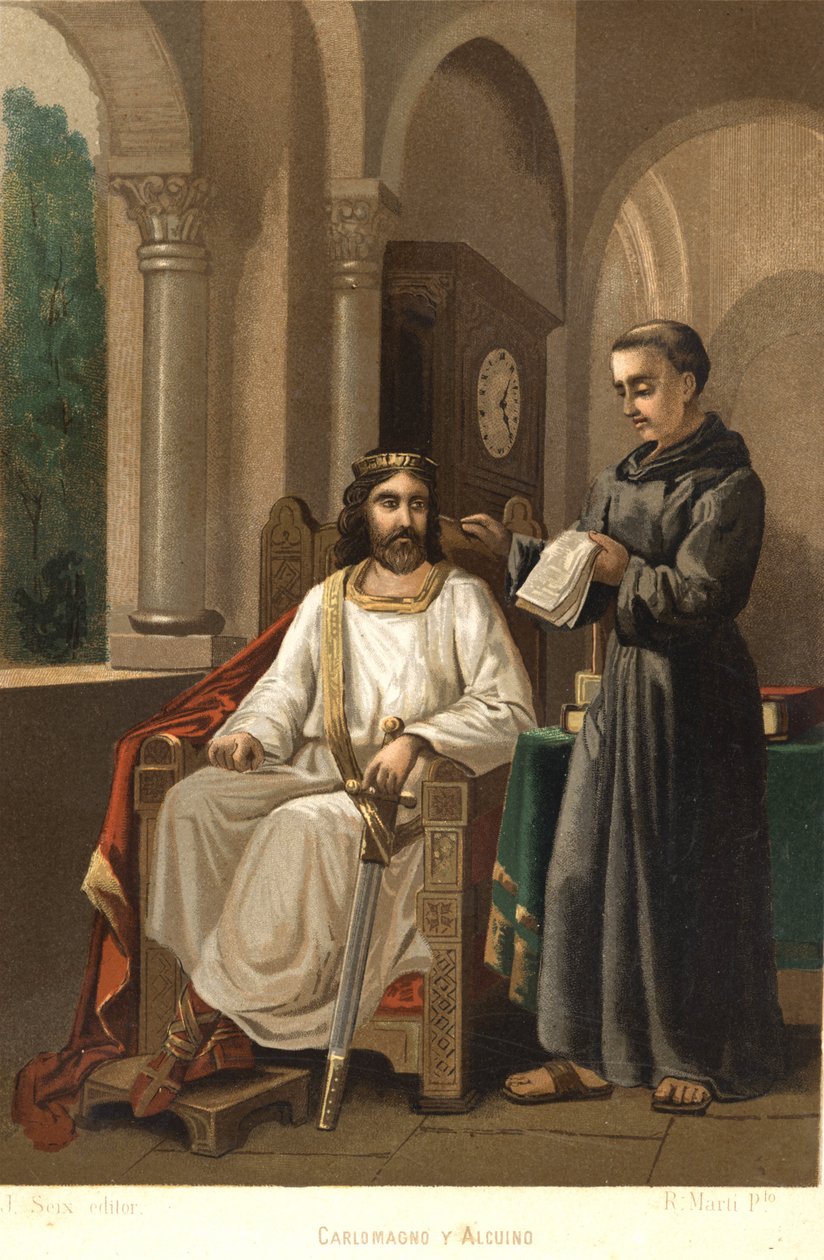 Carlos Magno (747-814), Rei dos Francos e Imperador do Ocidente, e Alcuin (ca. 781). depois de "La Ciencia y sus Hombres" de Louis Figuier. Barcelona 1881 de Unknown artist