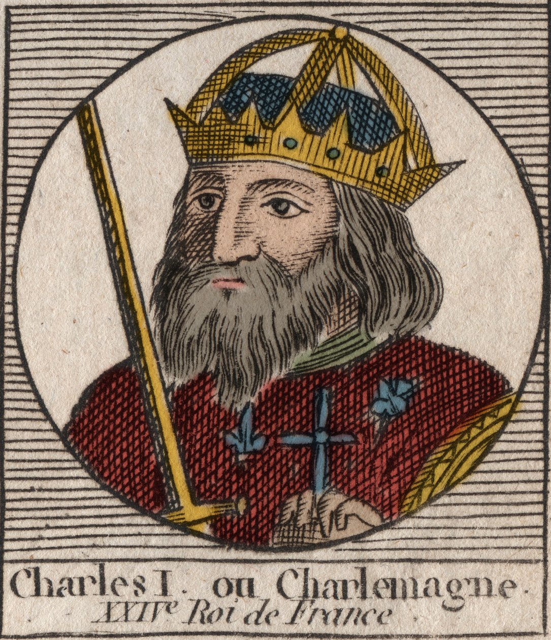 Carlos Magno (Carolus Magnus, Carlos o Grande) (747-814) Rei dos Francos e Imperador Cristão do Ocidente - gravura de "Instruction sur l