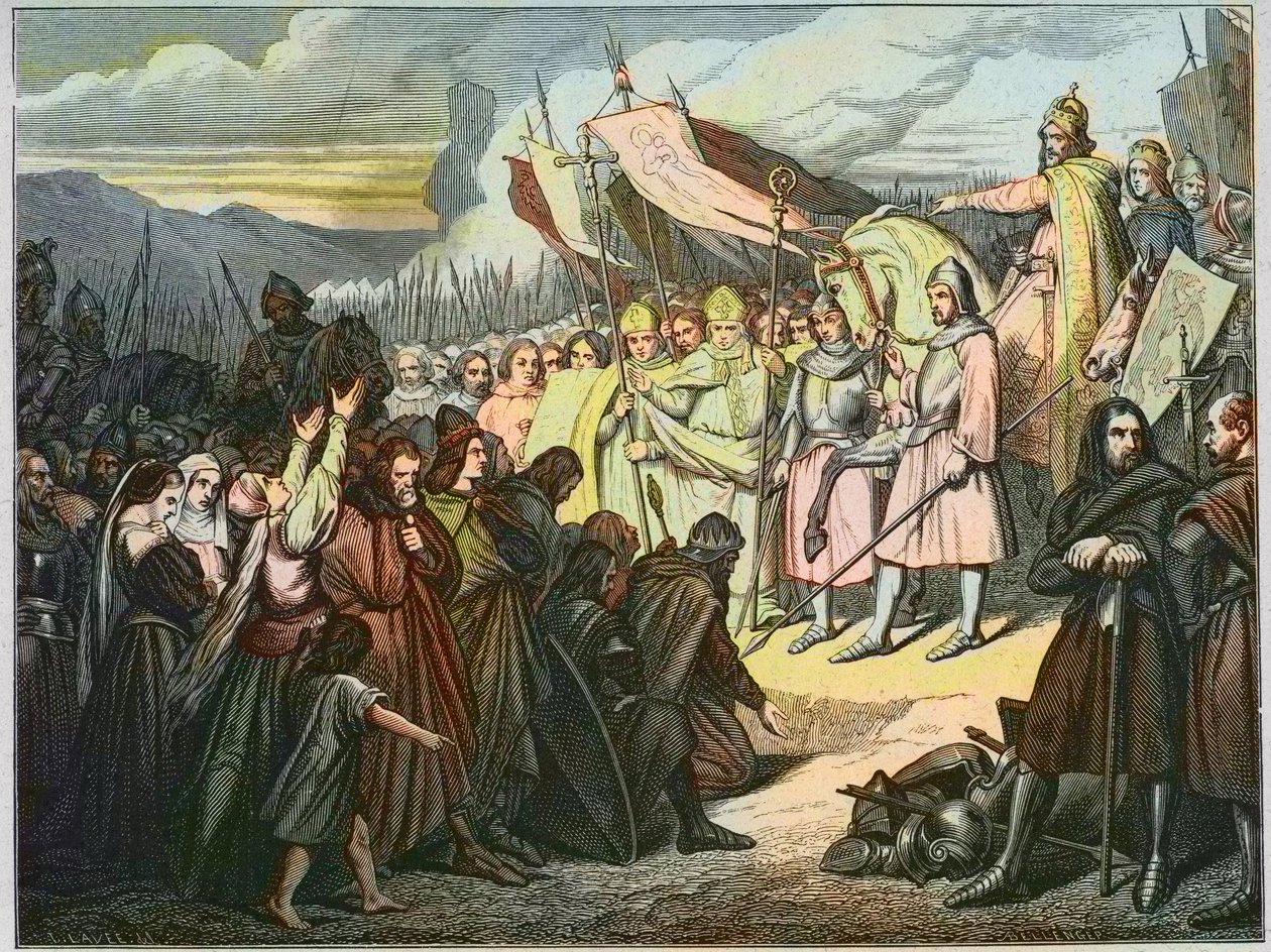 Carlos Magno aceita a rendição de Wittekind em Paderborn (785) - Vitória de Carlos Magno (742-814) sobre o braço saxão de Widukind of Saxony (Wittekind) em 785 (Widukind ou Witikind - Widukind of Saxon wars: germanic leader of the Saxons Widukind capitula  de Unknown artist