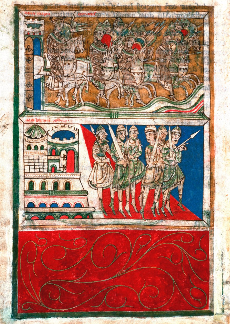 Carlos Magno e seus cavaleiros deixam Aachen e vão para Santiago de Compostela Miniatura do "Codex Calixtinus" (Livro de Santiago), por volta de 1140. fol. 162 v. Arquivos da Catedral de Santiago de Compostela (Santiago de Compostela), Espanha de Unknown artist