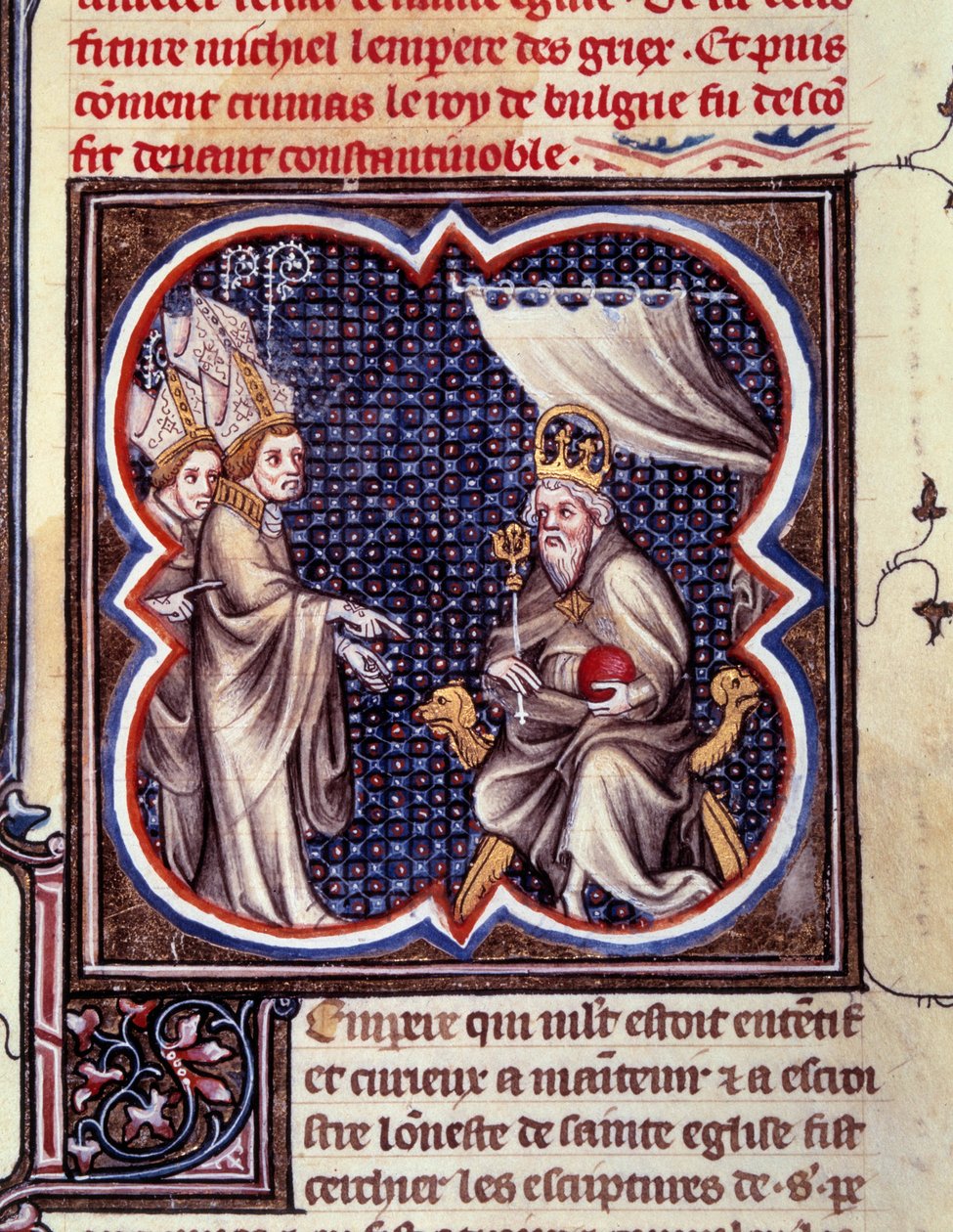 Carlos Magno e os eveques. Miniatura em "Grandes Crónicas de França". Grandes Crônicas da França de Carlos V" (fólio 102), cerca de 1375-1380. BN, Paris. de Unknown artist