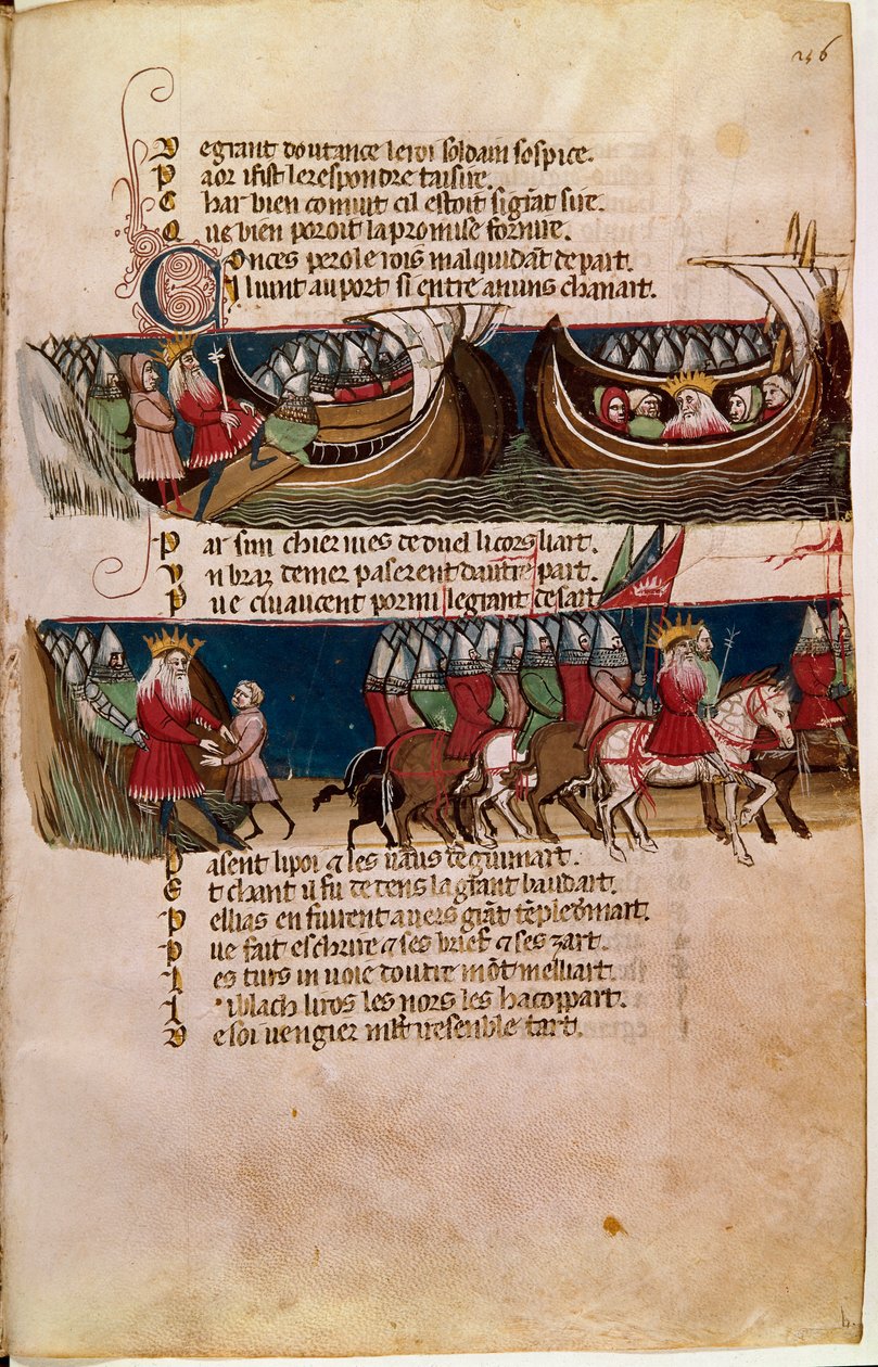 Carlos Magno navega em um navio e, abaixo dele, guia suas armees durante suas conquistas (Miniatura de Unknown artist