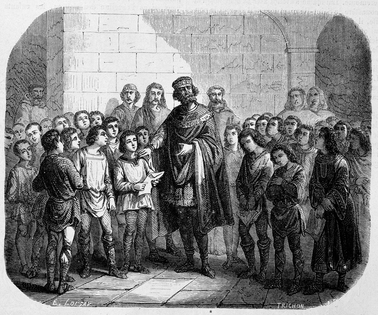 Carlos Magno visitando uma escola - em "História de Papas, Reis, Rainhas, Imperadores, através dos séculos" por Maurice Lachatre de Unknown artist