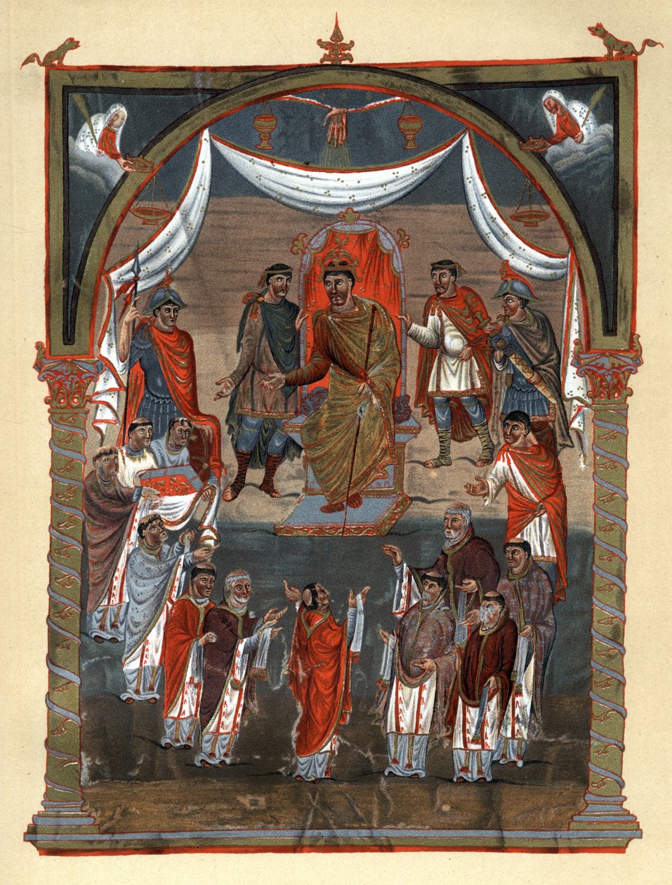 Carlos II o Careca (823 - 877), Rei de França recebendo uma delegação de monges da Tours. Fac-símile em cromolitografia do século XIX, após uma miniatura do século X conservada no B.N. de Paris. de Unknown artist