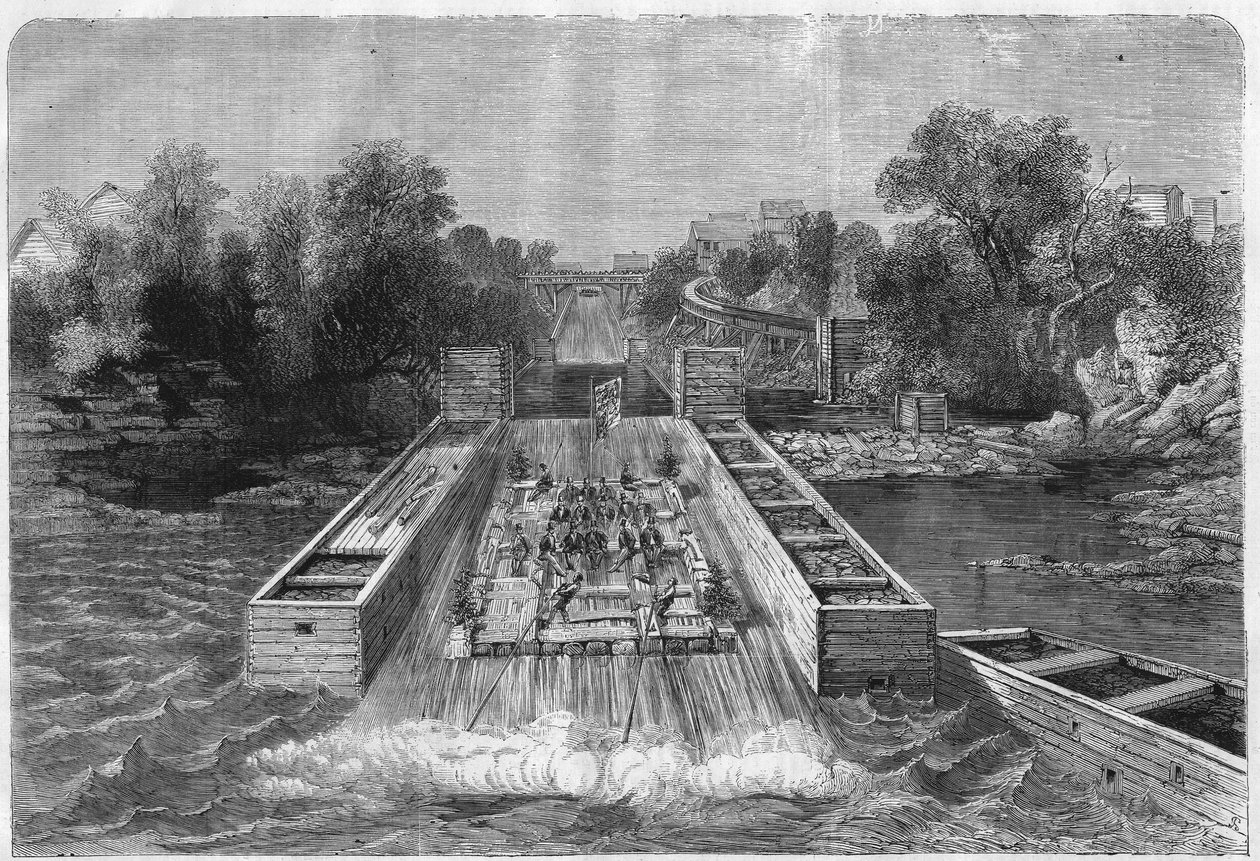 Charles Stanley Monck (1819-1894), o primeiro Governador Geral do Canadá a visitar as Cataratas de Ottowa, no Alto Canadá. Gravura em "L