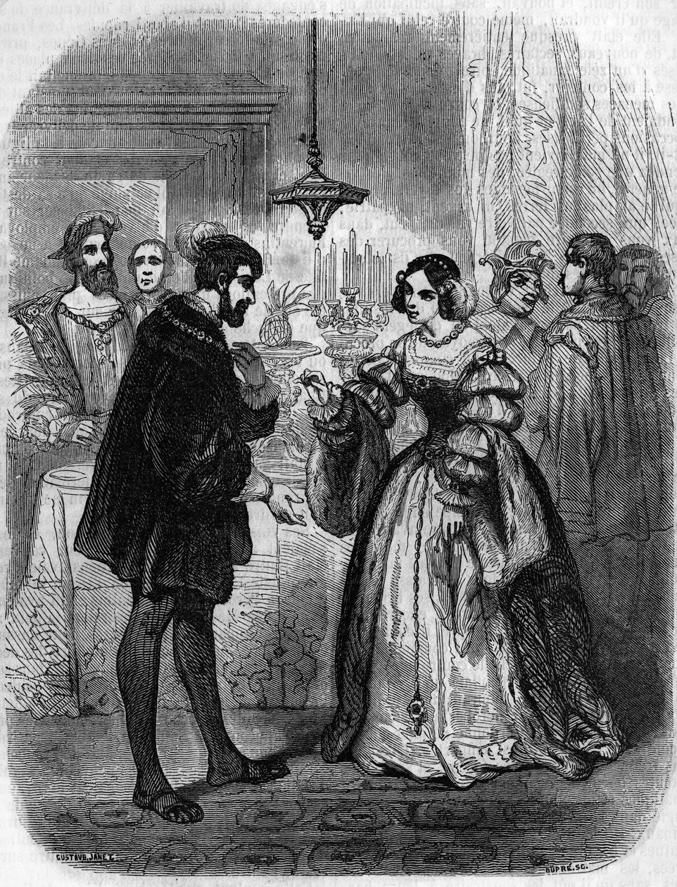 Charles V ou V (1500-1558) com Anne de Pisseleu (1508/1580) Duquesa de Etampes, dona de François I apelidada de La Belle Feronniere. Gravura do século XIX. de Unknown artist