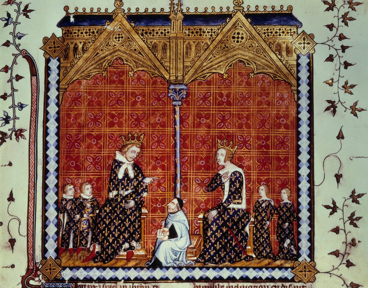 Charles V o Sábio e Jeanne de Bourbon, rodeados pelos seus filhos. Miniatura do manuscrito "Rational des divins offices" Folio 1, descrito por Guillaume Durand e traduzido por Jean Golein de Unknown artist