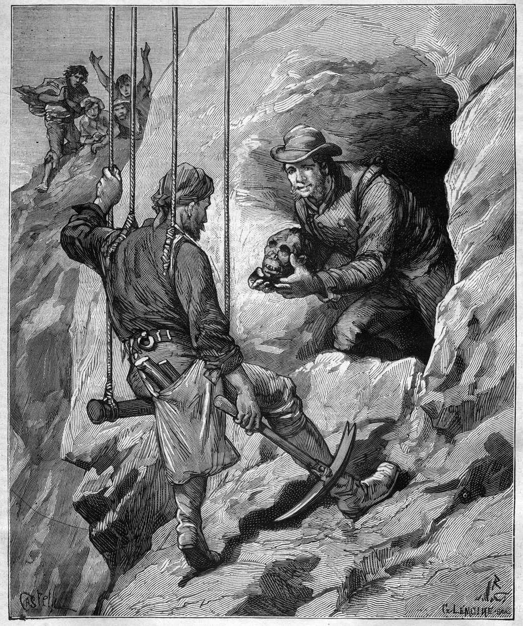 Charles Wiener (1851-1913) Explorador e diplomata francês explorando uma caverna funerária do Peru - gravação em "journal des voyages" 1887 de Unknown artist