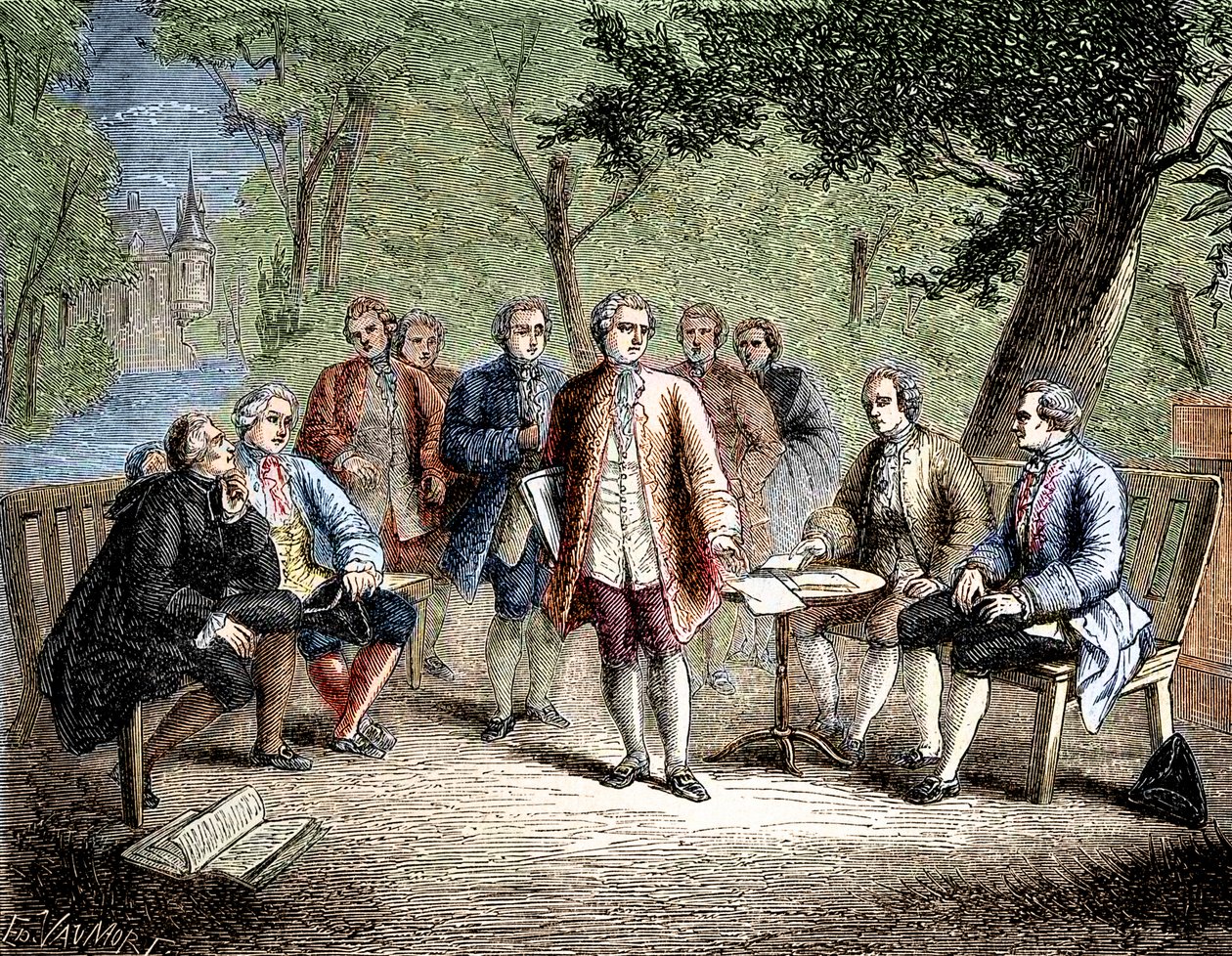 Charles de Secondat Montesquieu com o cenáculo científico do Castelo de Clairac, França - Le cenacle scientifique du chateau de Clairac: Montesquieu et le baron de Secondat, son, le chevalier de Vivens, Romas et les freres Dutilh - in "Album de la Science; de Unknown artist