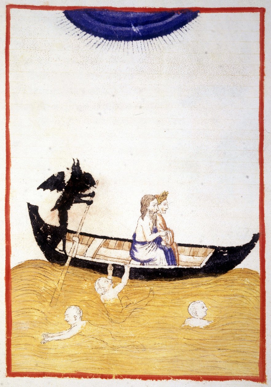 Charon (Caron) faz Dante e Virgílio o Acheron atravessarem o rio do Submundo - em "A Divina Comédia" de Dante Alighieri, miniatura de um manuscrito do século XIV, Biblio. Municipal de Rimini. de Unknown artist