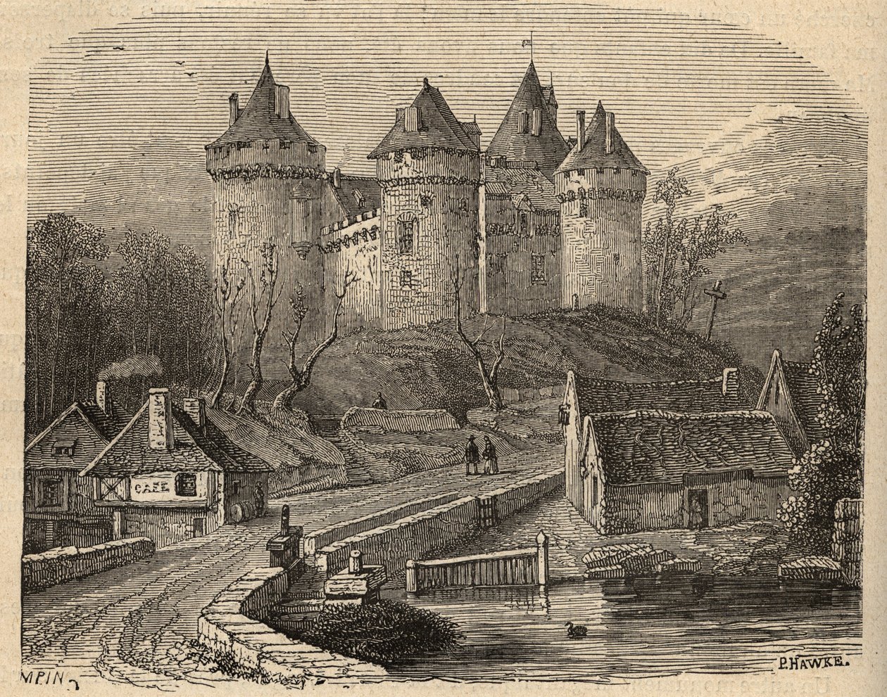 Chateau de Combourg - Ille-et-Vilaine Bretagne - gravura em "PATRIE" - DESCRIÇÃO PECTUREQUIREQUE DE LA FRANCE EN 6 VOLUES BY LUCIEN HUARD - final do século XIX de Unknown artist