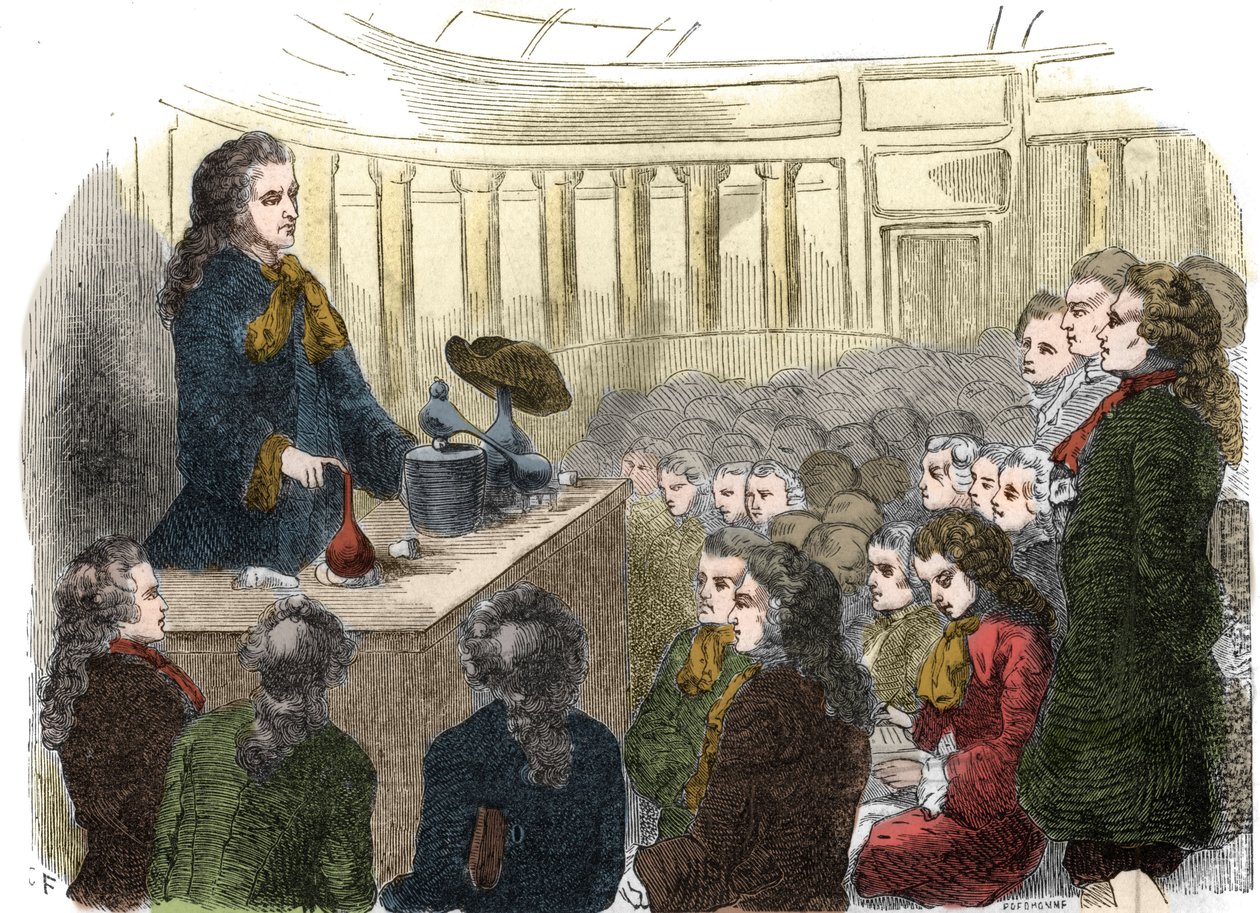 Curso de Química por Guillaume-Francois (Guillaume Francois) Rouelle (1703-1770), químico francês, na Academia de Ciências em 1744. Gravura a partir de 1861. de Unknown artist