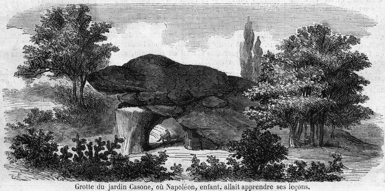 Infância de Napoleão 1: vista da gruta do jardim Casone na Córsega ou Napoleão (1769-1821) ia aprender as suas lições. Gravura do século XIX. de Unknown artist