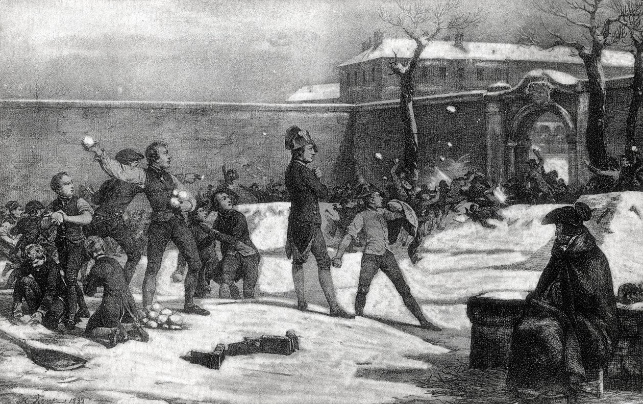 Infância de Napoleão I Bonaparte (1769 - 1821) na escola militar de Brienne le Chateau (Dawn), em 1782: Napoleão, no meio de uma batalha de bolas de neve entre crianças. de Unknown artist