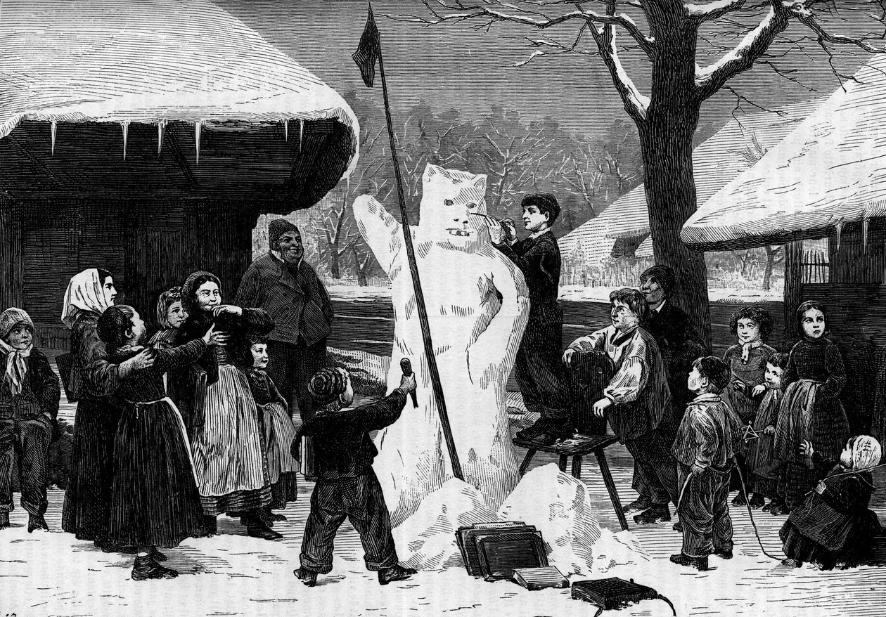 Crianças a fazer um boneco de neve numa aldeia nos Alpes. Gravura no "Le Journal de la jeunesse". de Unknown artist