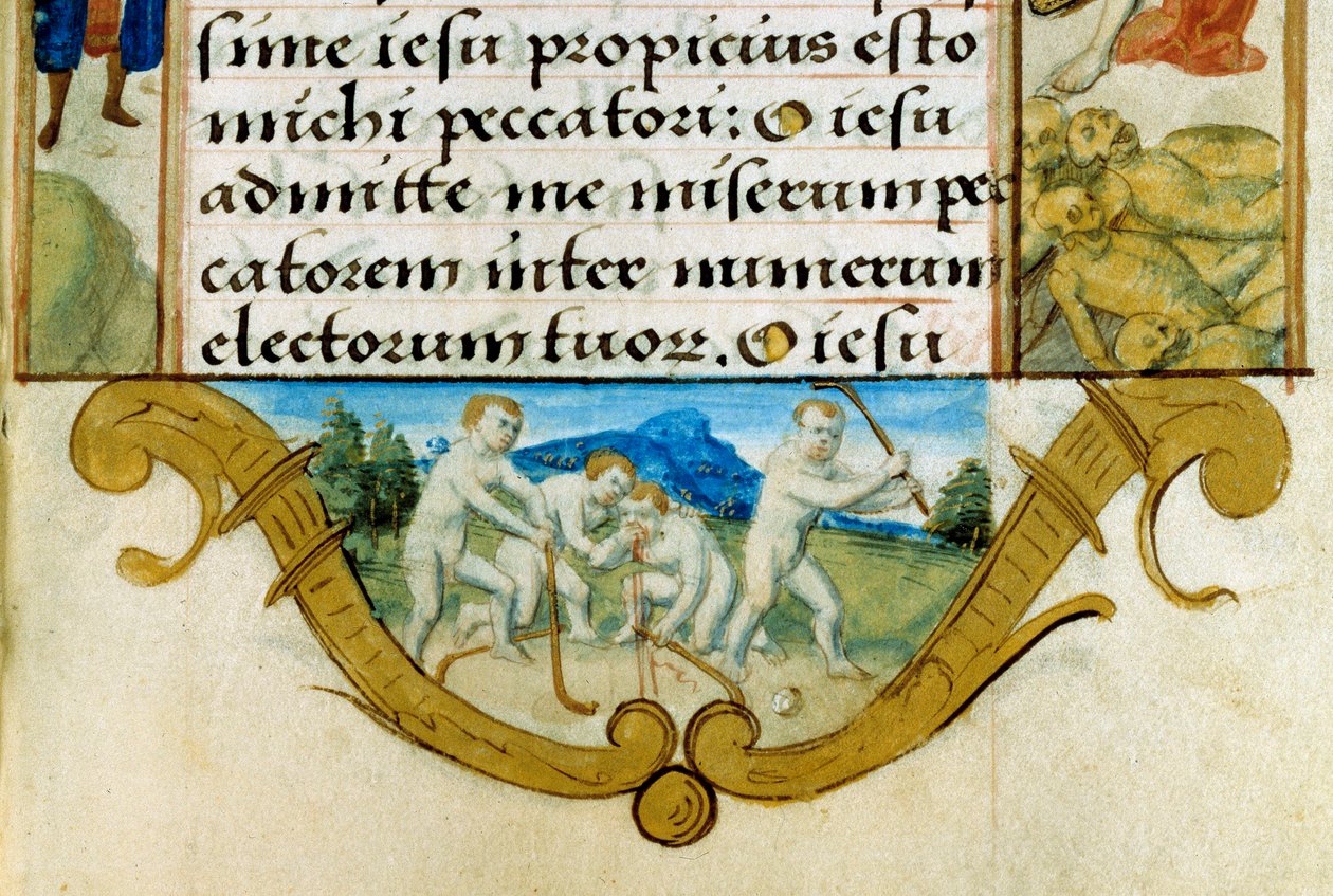 Crianças a jogar à bola, antepassado do hóquei. Detalhe de uma miniatura do Livro de Horas da família de Anjou de Unknown artist