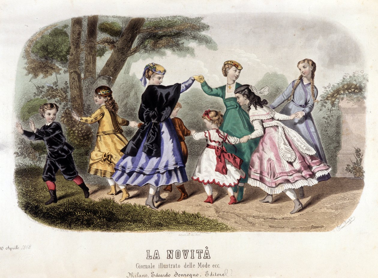 Jogos infantis: meninas burguesas a fazer a ronda. Placa retirada de "O diário ilustra modos". de Unknown artist