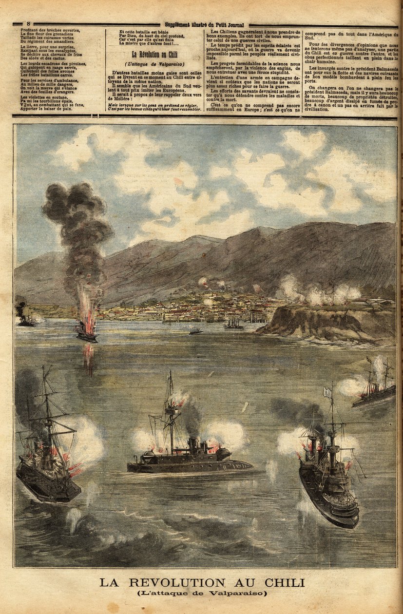 O Chile, em meio à guerra civil, logo após conquistar a independência, os navios de guerra dos insurgentes, chamados congressistas, bombardearam os portos chilenos, para lutar contra a influência e a política do presidente José Manuel Balmaceda (1840-1891) de Unknown artist