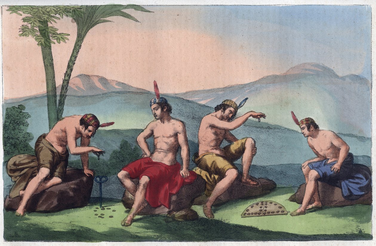 Índios chilenos nativos jogando Queciu e Porotos, Chile - gravura de "Usos e costumes de todos os povos do Universo". Ou melhor, a história do governo, das leis, das milícias, da religião de todas as nações desde os tempos mais remotos até aos nossos dias. de Unknown artist