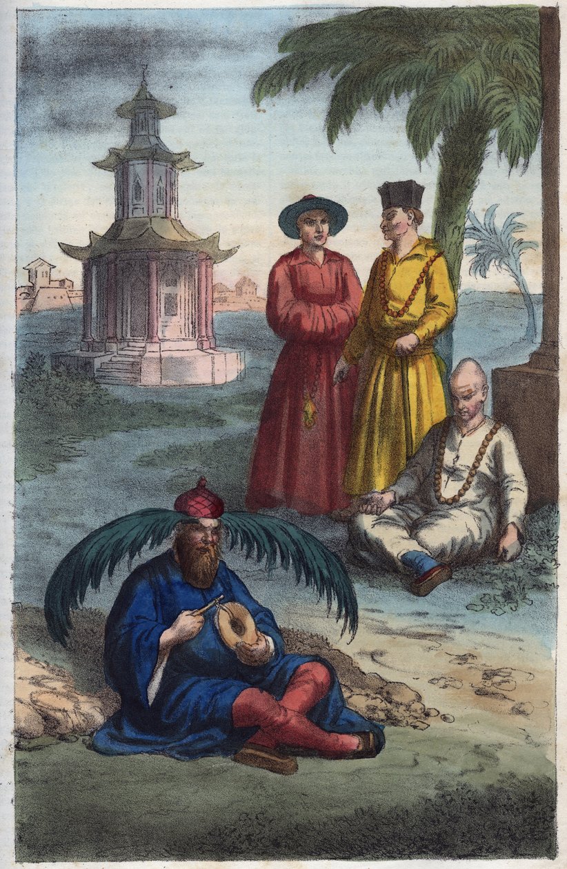 Bonzos chineses - Monges chineses - gravura de "Usos e costumes de todos os povos do Universo". Ou História do Governo, Leis, Milícias, Religião de Todas as Nações desde os tempos mais remotos até ao dia de hoje" 1856 de Unknown artist