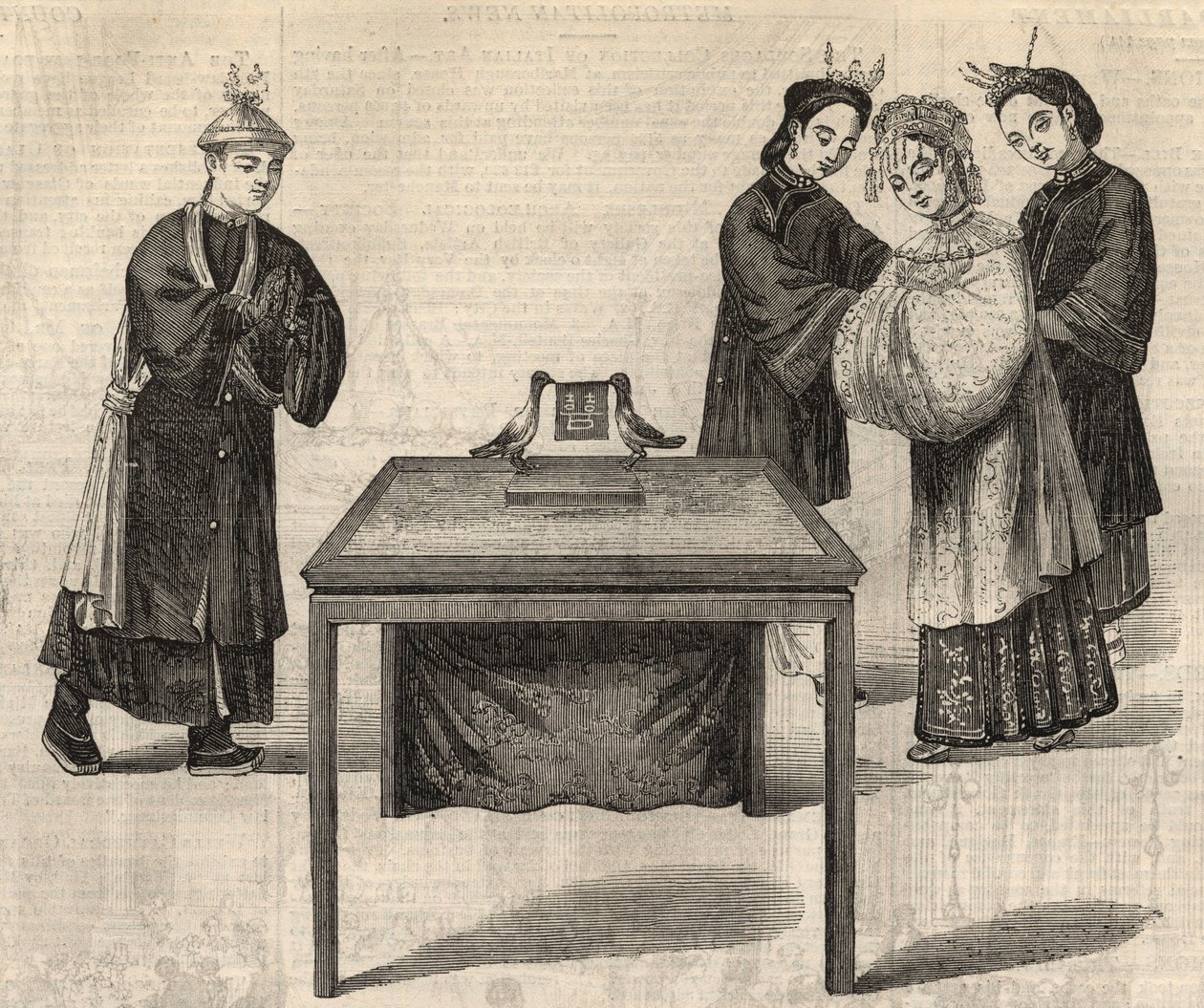 Costume chinês: assinar um contrato de casamento. Uma tábua com os nomes dos dois cônjuges é colocada sobre uma mesa com duas pombas. Gravação em "The Illustrated London News" de 14 de Fevereiro de 1857. de Unknown artist
