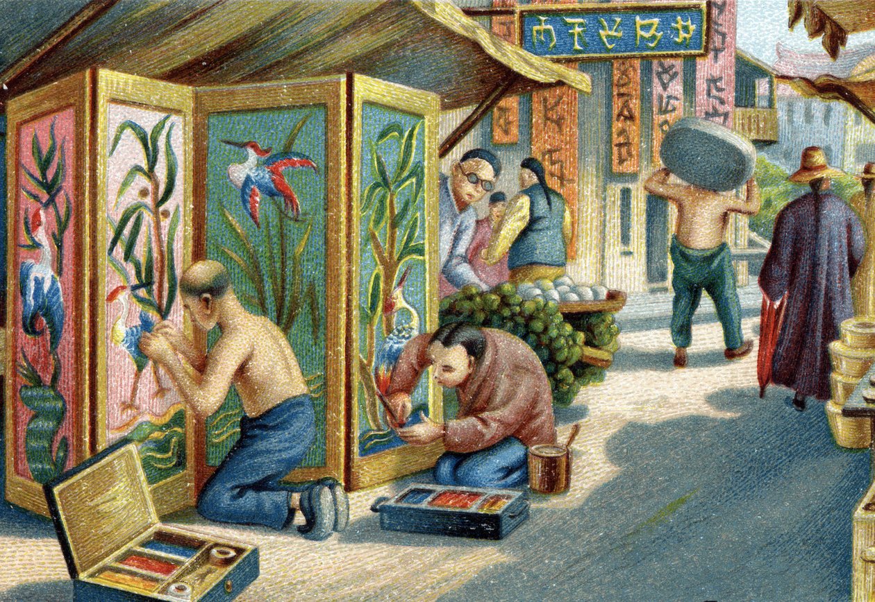 Plumassiers chineses que trabalham na rua: eles fazem painéis ou telas usando uma agulha e penas. Cromolitografia do século XIX de Unknown artist