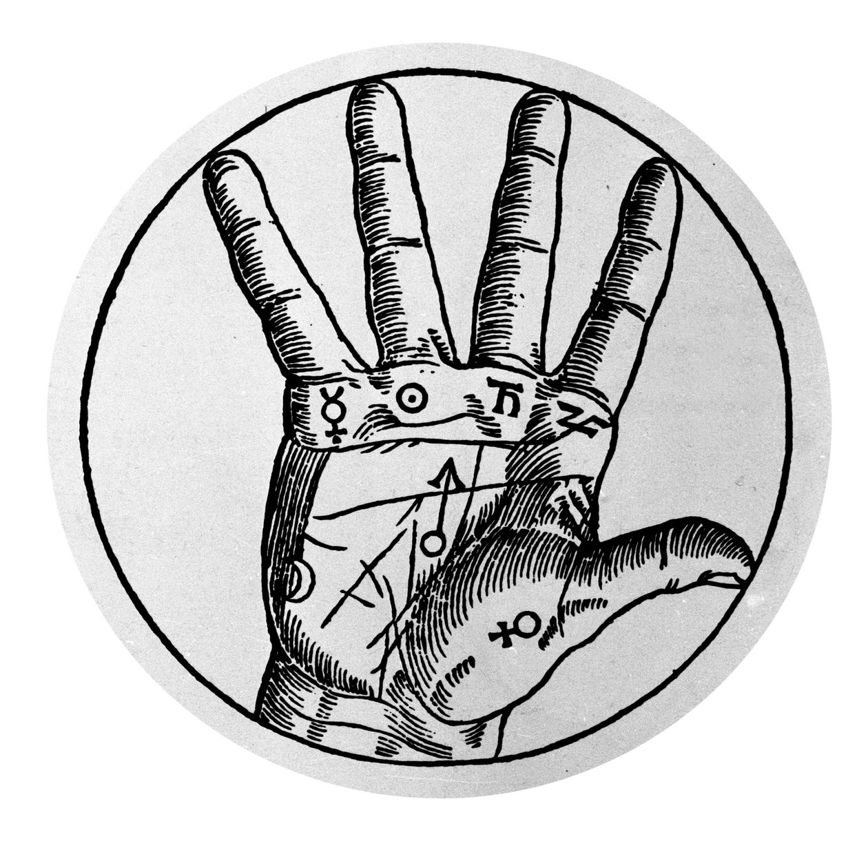 Chiromancia e predição divinatória: representação das diferentes linhas da mão permitindo a interpretação do personalite. Gravura do século XVII de Unknown artist