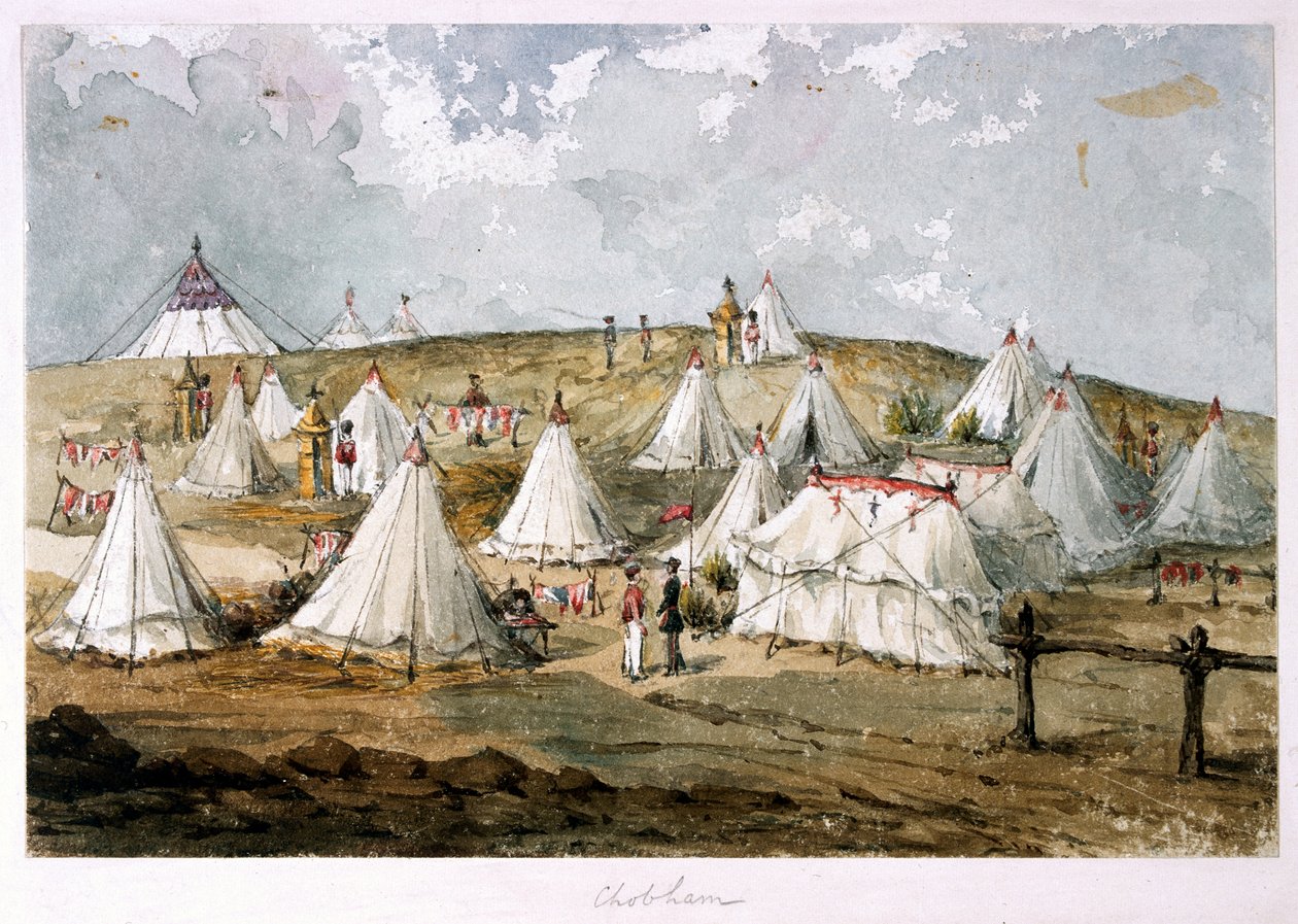 Chobham, Coronel Hodges, tenda Grenadier Guards Encampment. A tenda Queens sobre a colina (aguarela) de Unknown artist
