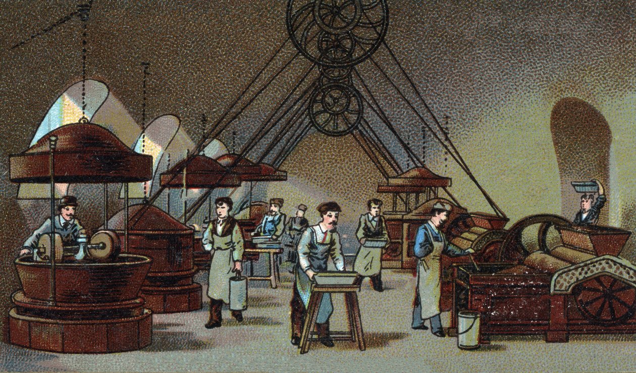 Fabrico de chocolate: oficina de moagem. Cromolitografia do final do século XIX de Unknown artist