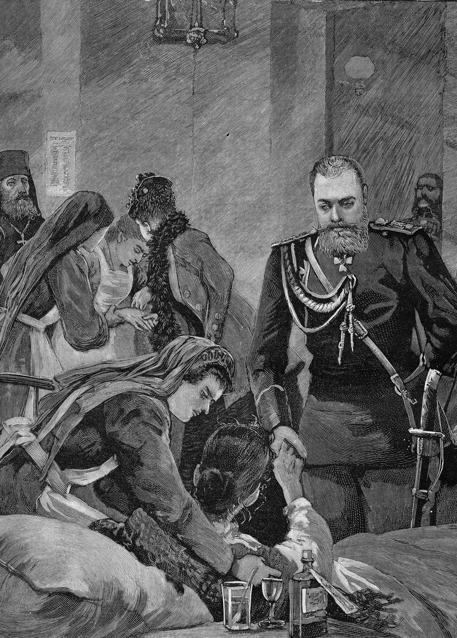 Cólera na Rússia em 1892: Alexandre III, Imperador da Rússia e sua esposa Maria Feodorovna, Imperador da Rússia, visitam um hospital. Gravura de 1892. de Unknown artist