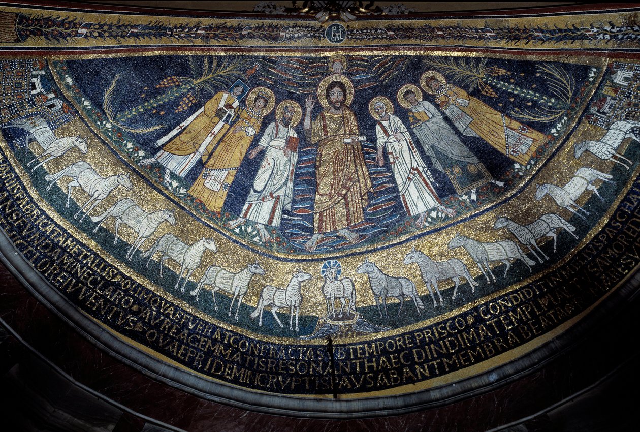 Cristo entre São Paulo, Santa Cecília, São Pascal, São Pedro, São Valeriano e Santa Agata (mosaico, 821) de Unknown artist