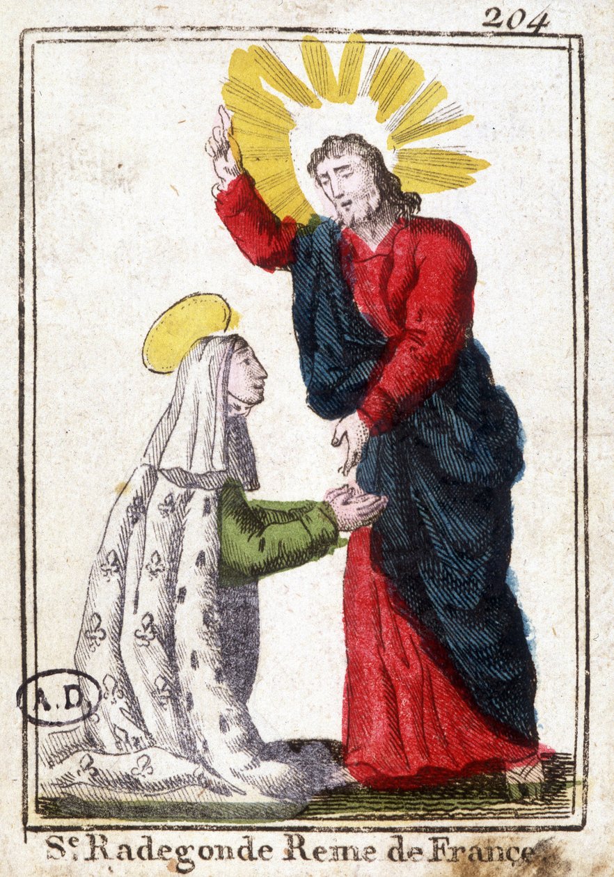 Cristo e São Radegundes (ca. 520 - 587), Rainha de França, esposa de Clotaire (Clothaire) I. Imagem piedosa. Gravura do início do século XIX. Bibliotheque des Arts décoratifs de Paris. de Unknown artist