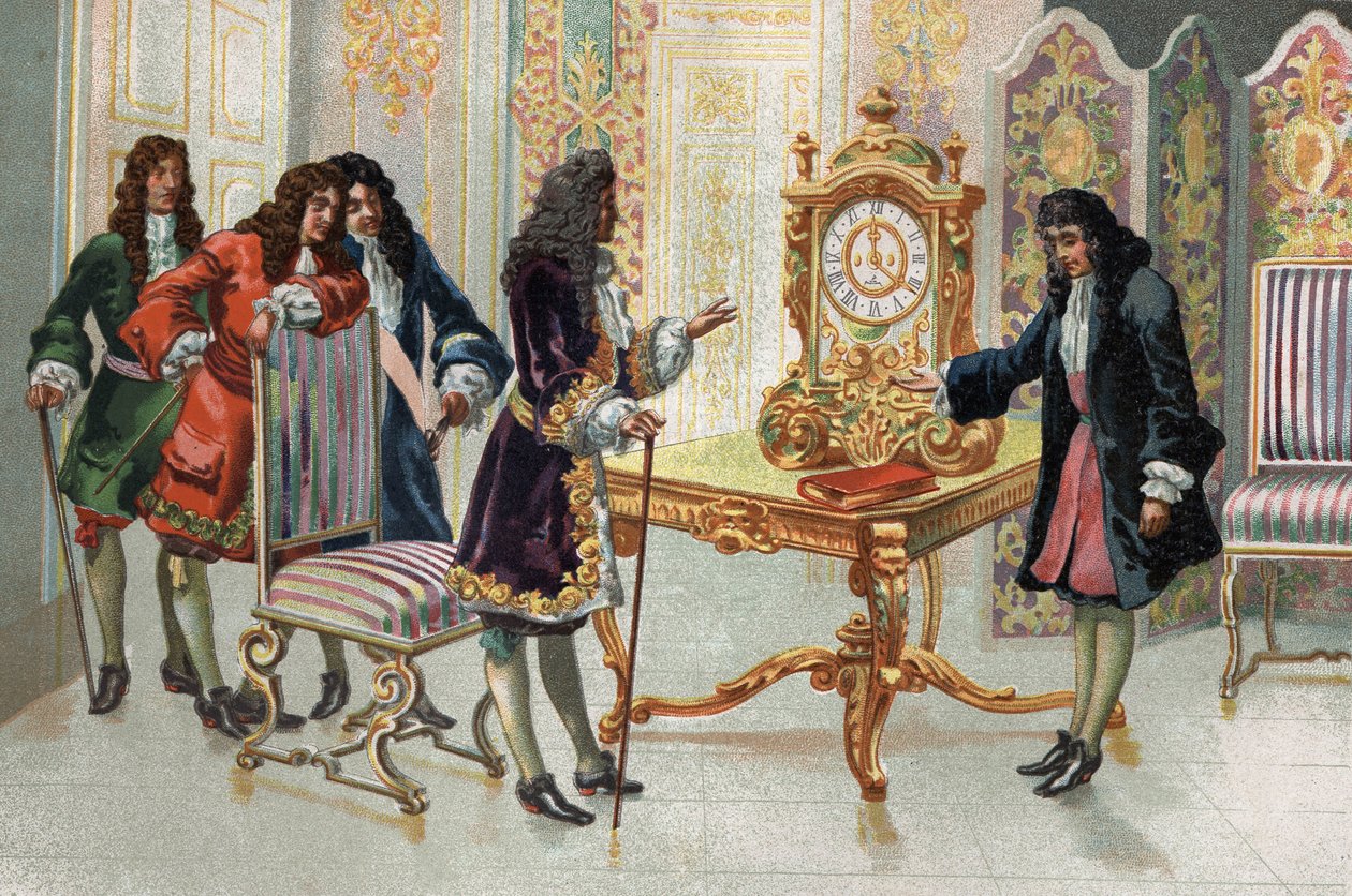 Christiaan Huygens (1629-1695), matemático e astrónomo holandês, apresenta o seu relógio a Luís XIV. de Unknown artist