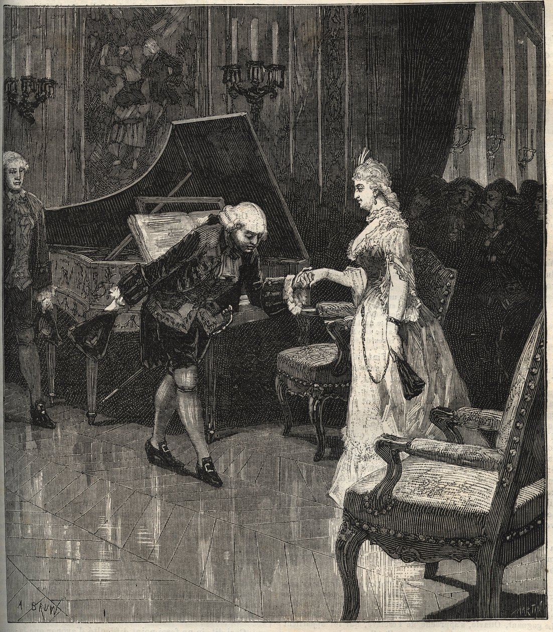 Christoph Willibald Gluck diante da rainha Maria Antonieta em Trianon - Christoph Willibald Gluck (1714-1787), compositor alemão tocando em frente à rainha Maria Antonieta a Trianon - gravação em "Música Popular" ilustrada no jornal semanal - 1882 de Unknown artist