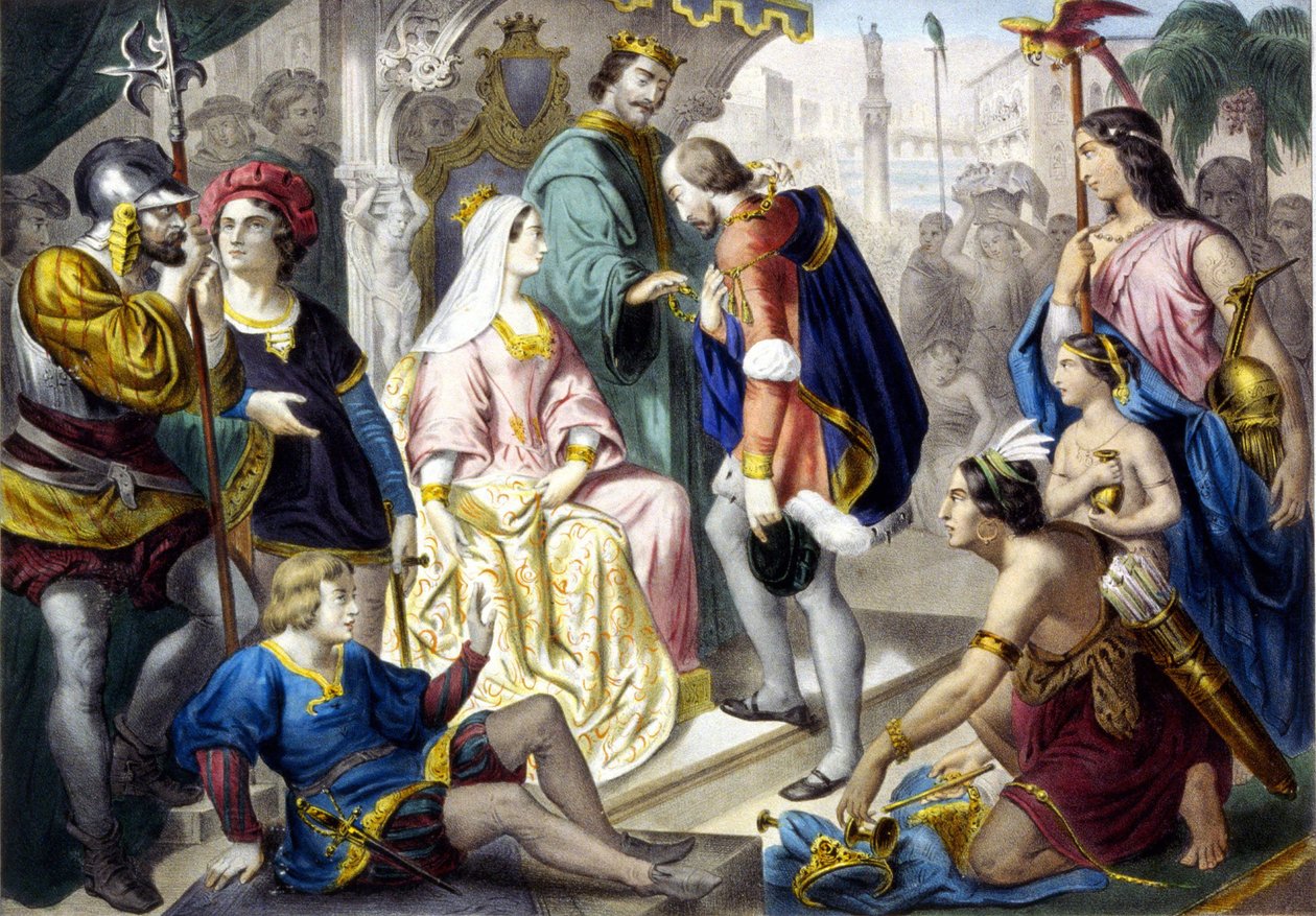 Cristóvão Colombo perante o rei católico Fernando II de Aragão e a rainha Isabel 1 de Castela, no seu regresso da América de Unknown artist