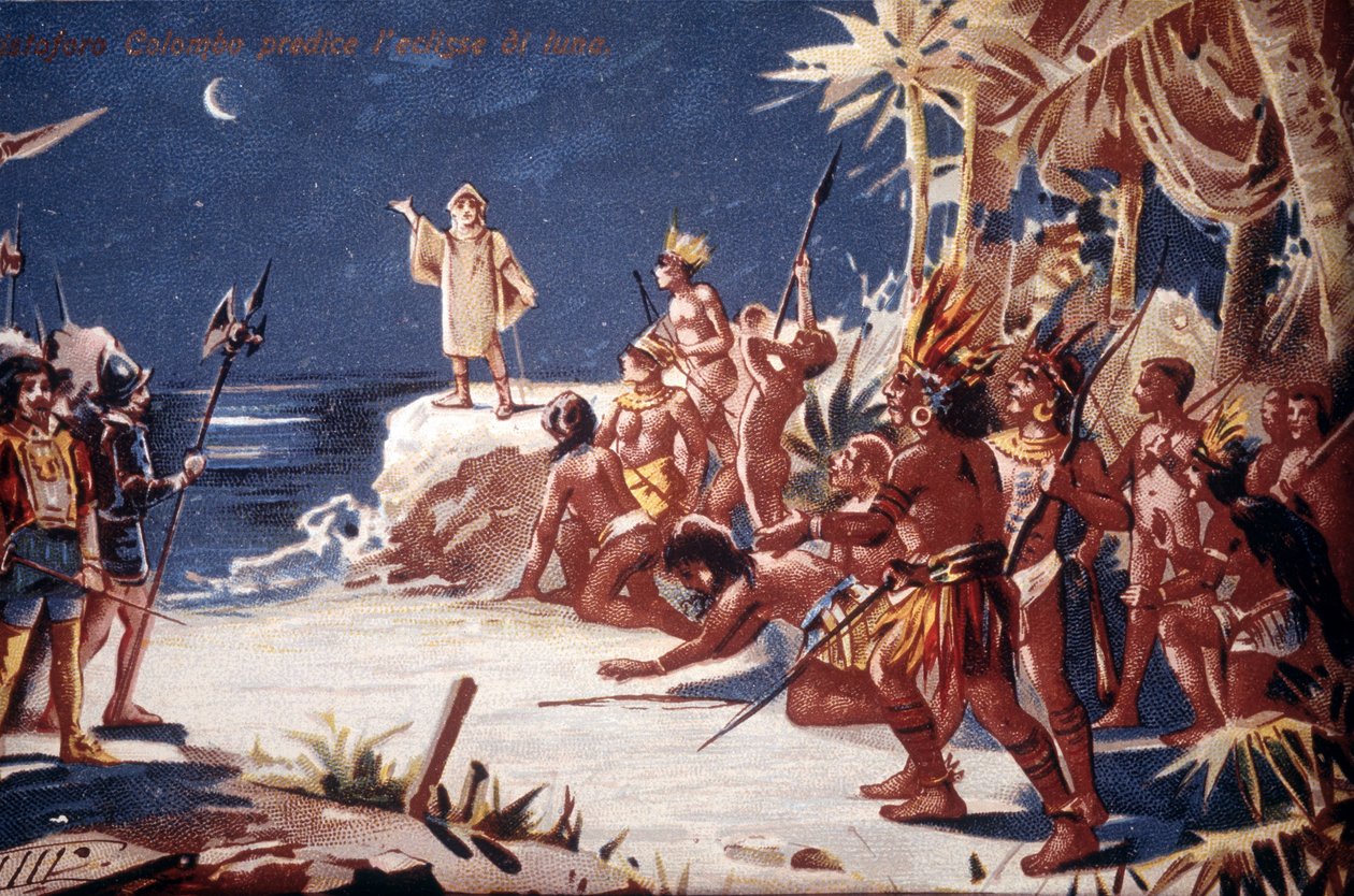 Cristóvão Colombo previu o eclipse da lua para os índios. A cromolitografia do século XIX. de Unknown artist