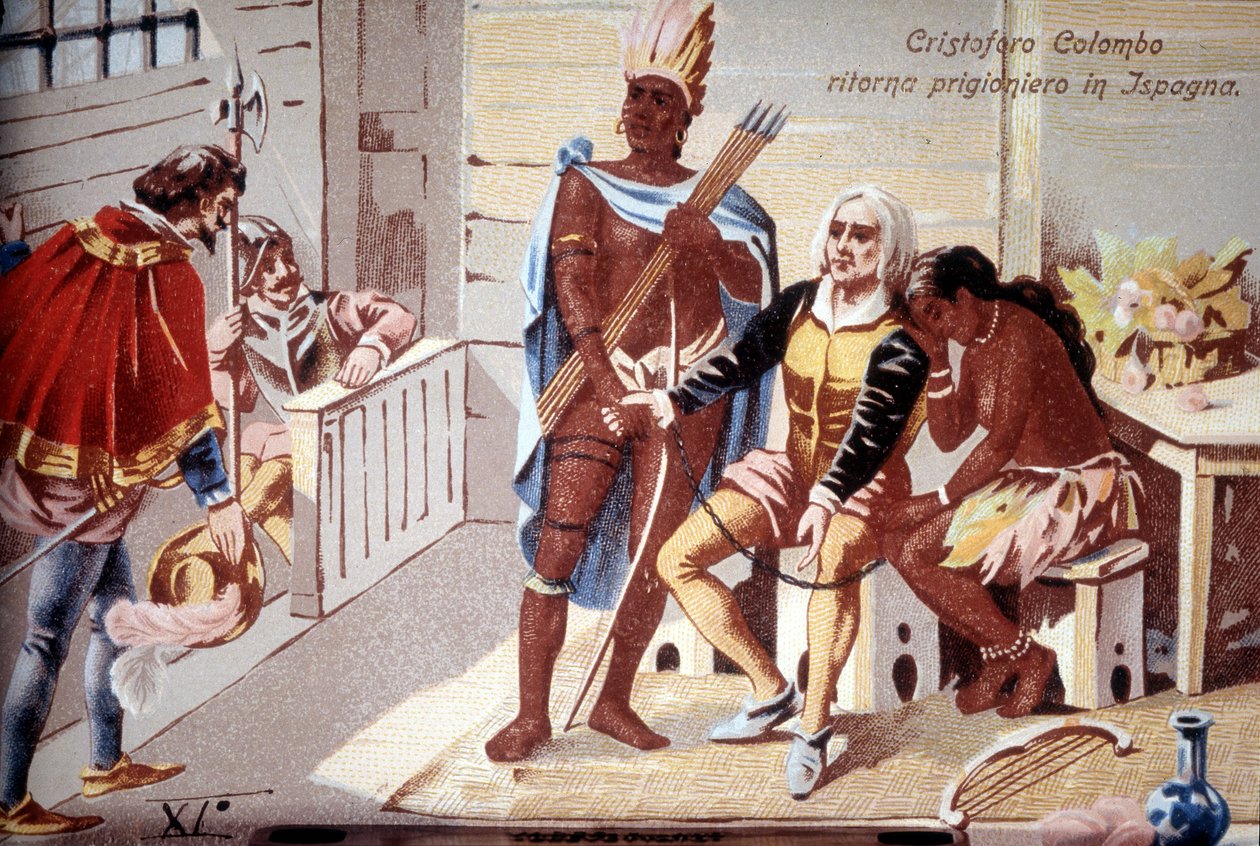 Cristóvão Colombo regressa prisioneiro a Espanha. Cromolitografia do século XIX. de Unknown artist