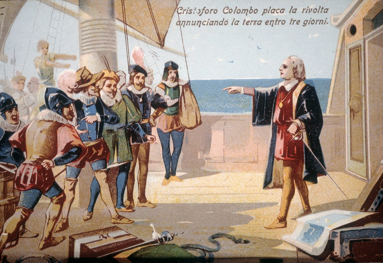 Cristóvão Colombo impediu a revolta da tripulação ao anunciar a terra em três dias. Cromolitografia do século 19. de Unknown artist