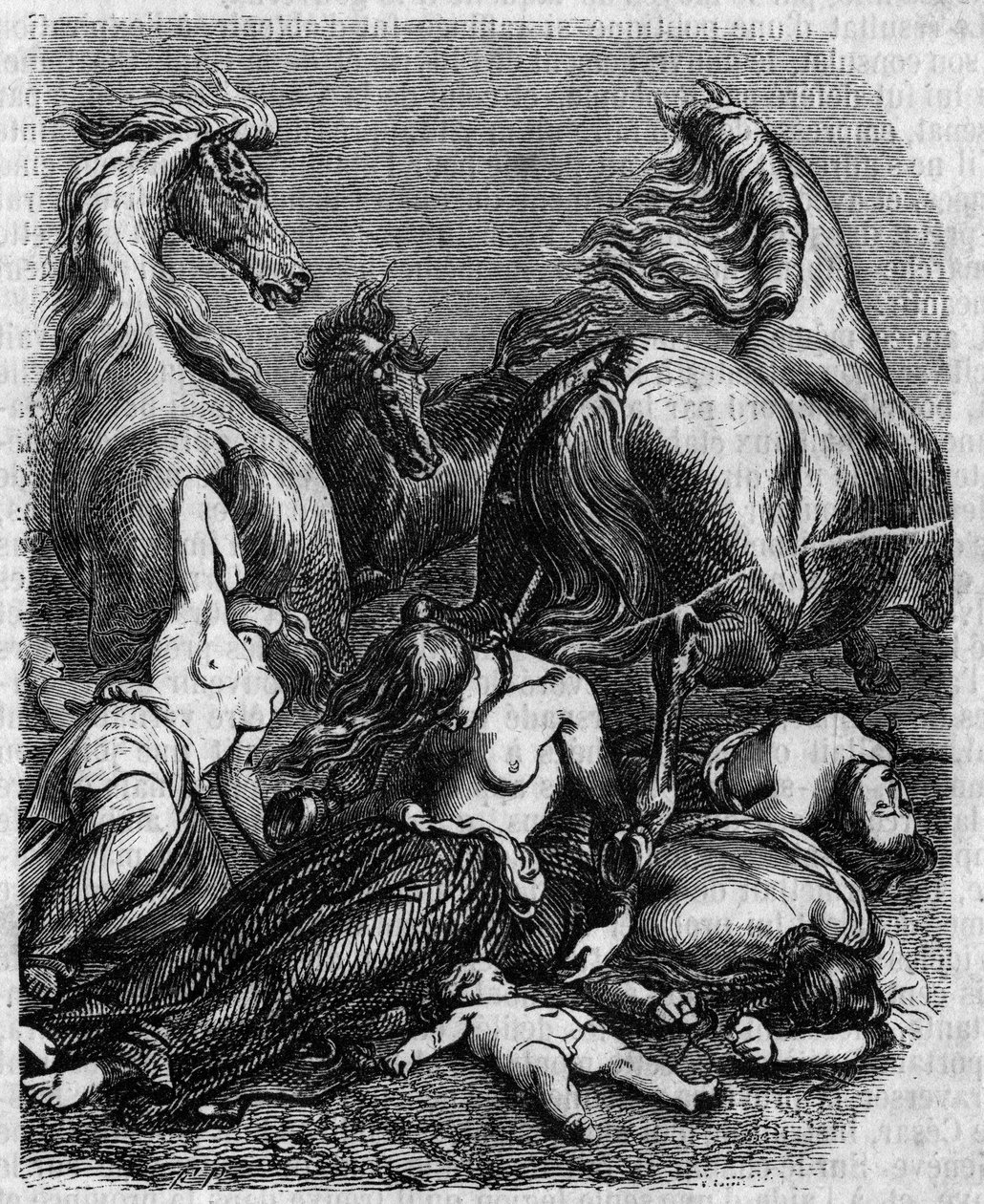 Guerra dos Cimbres por volta de 120 AC: mulheres, anciãos e crianças da tribo Ambrons (Ambrones) se jogam sob cavalos inimigos ou morrem para evitar a escravidão dos romanos. de Unknown artist