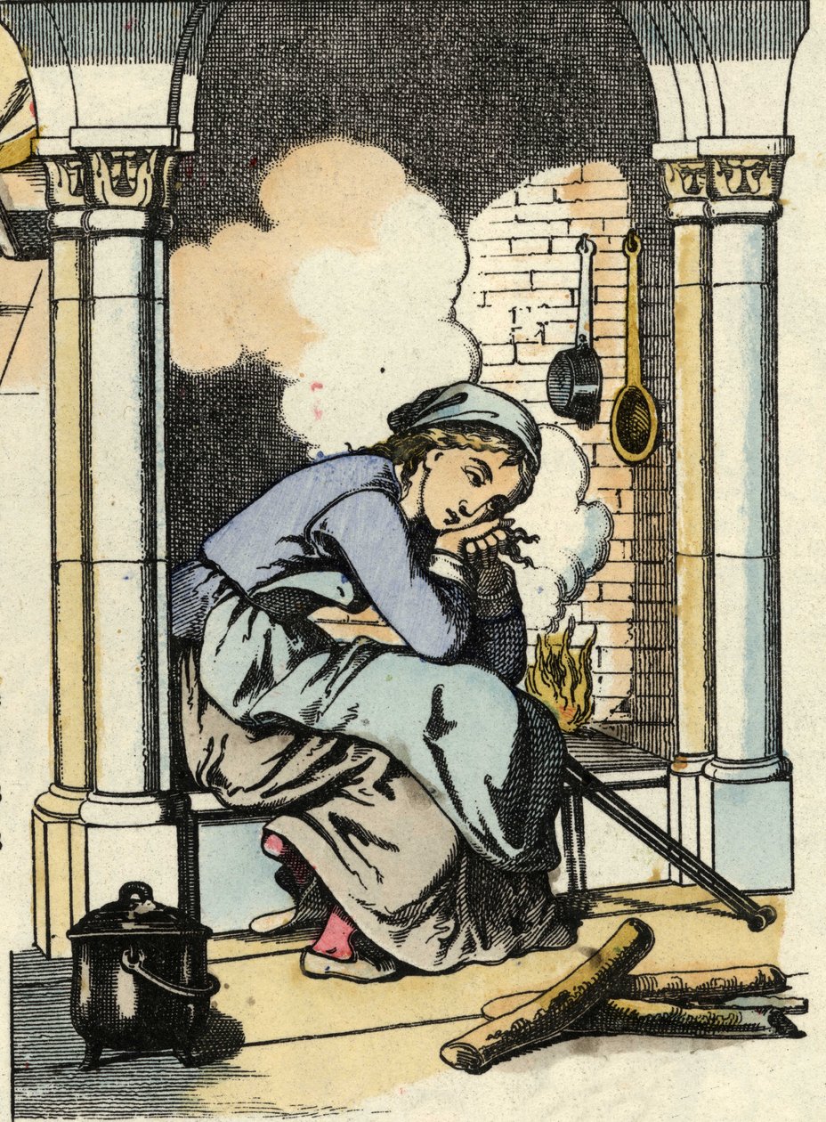 A Cinderela sonha com uma vida melhor perto da lareira da cozinha. Ilustração do conto de Charles Perrault "Cinderela ou La petite slipper de verre". de Unknown artist