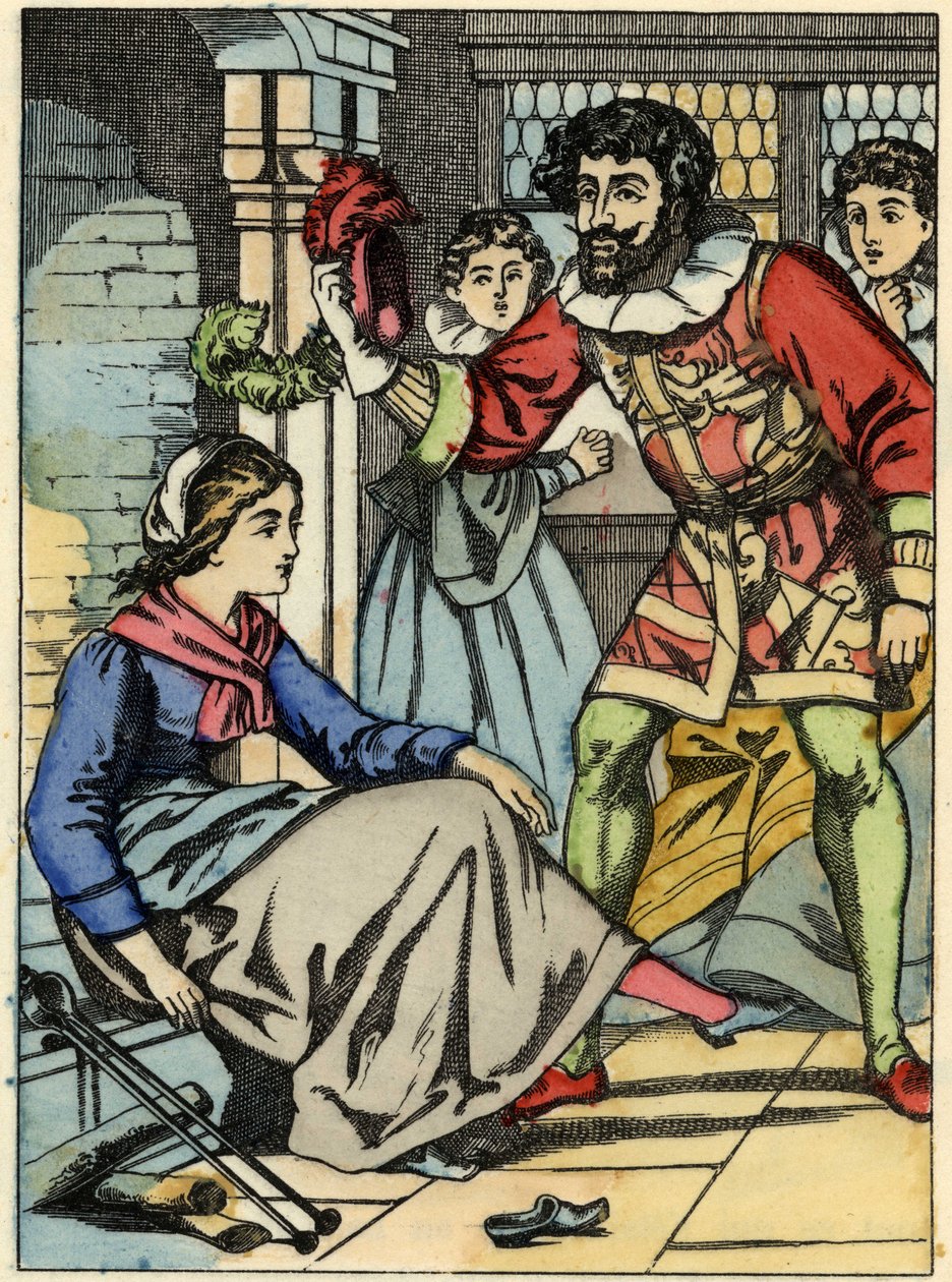 Cinderela tenta o sapato de vidro encontrado pelo príncipe. Ilustração do conto de Charles Perrault "Cinderela ou La petite slipper de verre". de Unknown artist