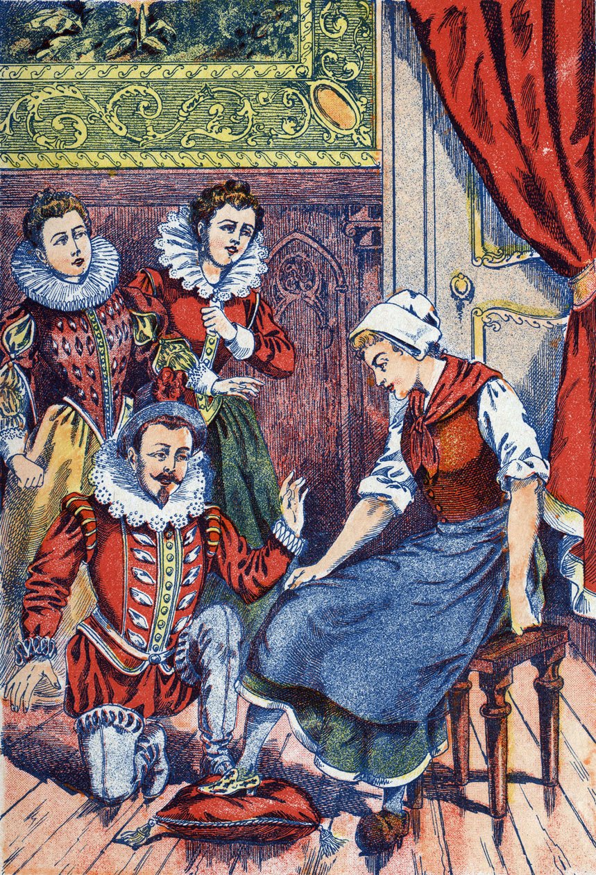 A Cinderela tenta o chinelo. Ilustração anônima de "Cinderela", conto de Charles Perrault (1628-1703), escritor francês. Imagery Marcel Vagne, Jarville Nancy, sem data (final do século XIX). de Unknown artist