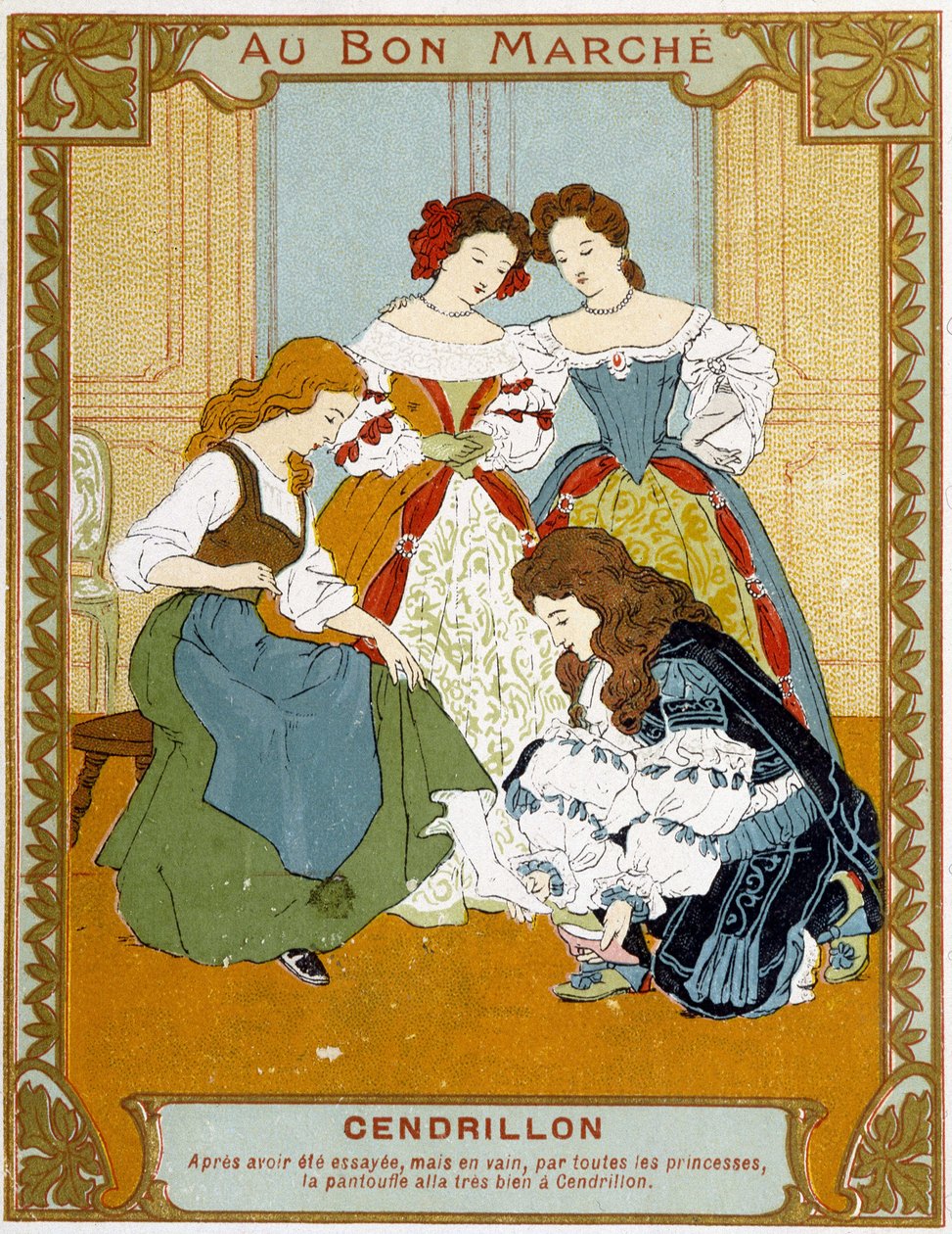 Cinderela experimenta o chinelo de vair - Bon Marché etiqueta publicitária de Unknown artist