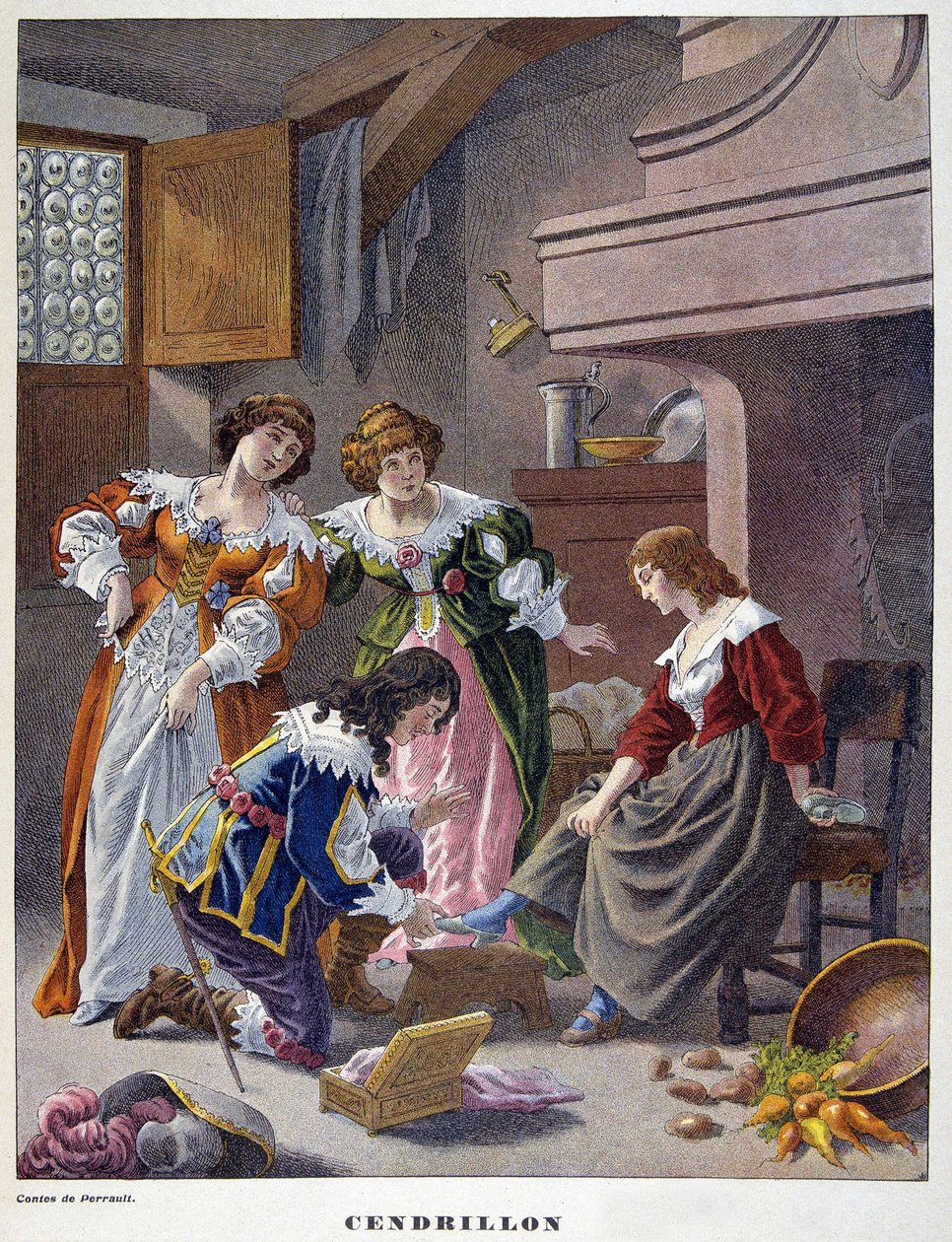 Cinderela tenta o chinelo de vair - em "Les Tales de Perrault" (Os Contos de Perrault) de Unknown artist