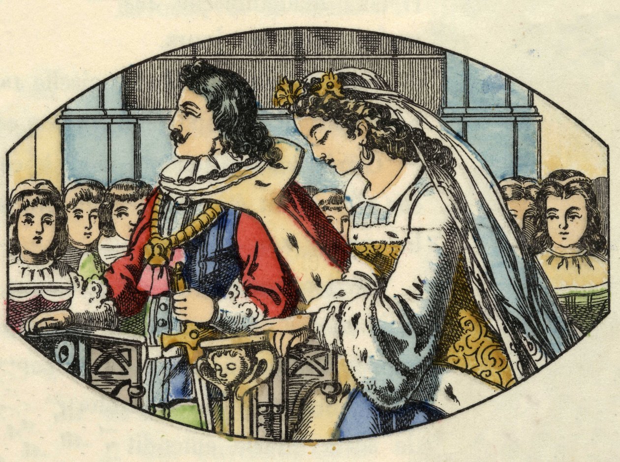 O casamento da Cinderela com o príncipe. Ilustração do conto de Charles Perrault "Cinderela ou La petite slipper de verre". de Unknown artist