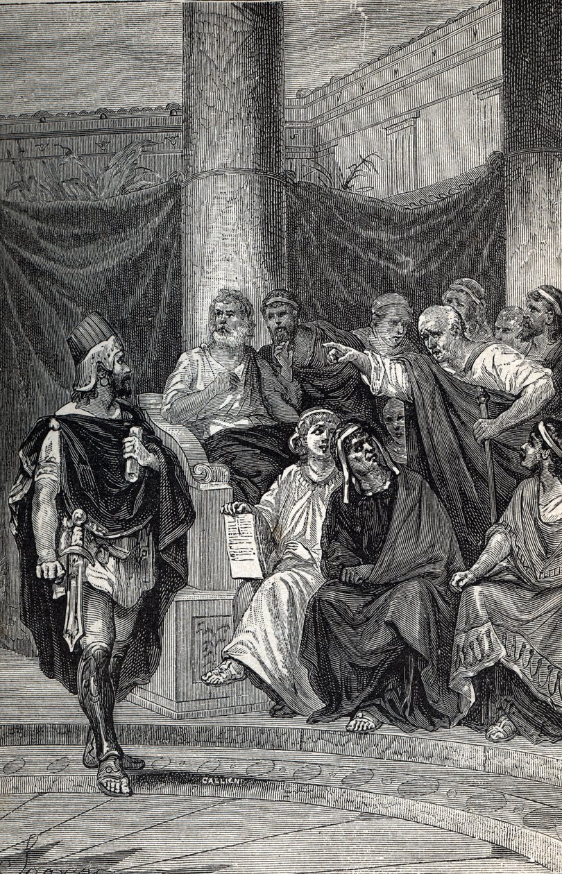 Cineas importante conselheiro do rei Pirro tentando negociar com os romanos após a Batalha de Heraclea 280 AC, Engraving 1884 de Unknown artist