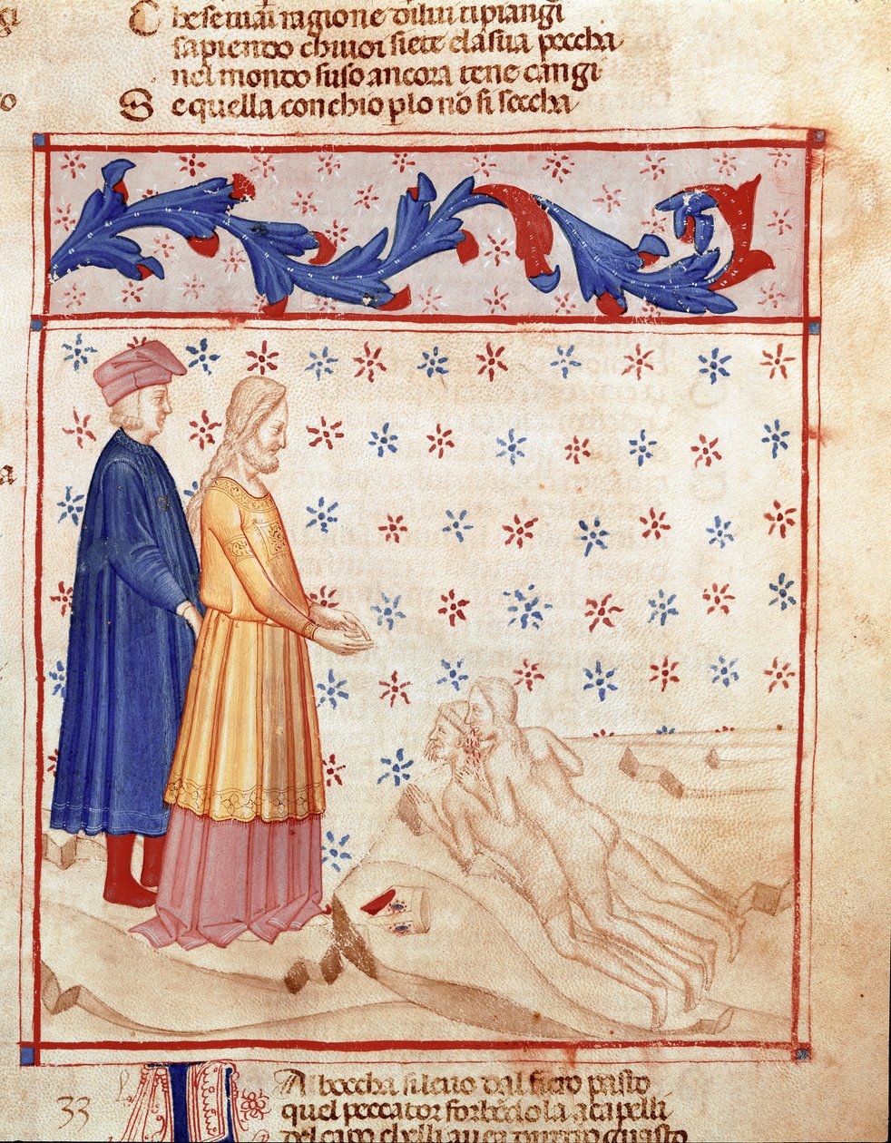 Círculo de Traidores: Dante e Virgil conhecem Ugolino della gherardesca, tirano de Pisa e condenado por traição à pátria, ele bate na cabeça do arquebactéria Ruggeri. Página iluminada ilustrando a 33ª canção do Inferno desenha da "Divina Commedia". de Unknown artist