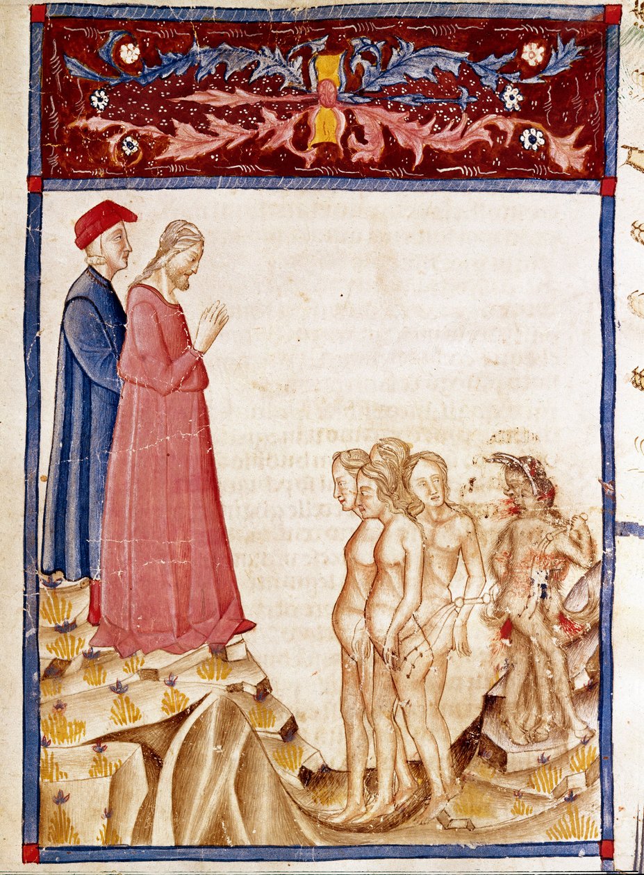Círculo de Traidores: Dante e Virgil conhecem as almas dos traidores dos benfeitores. Página iluminada ilustrando a 34ª canção do Inferno extraída da "Divina Commedia" de Dante Alighieri (1265-1321). Século XIV, Veneza, Biblioteca Marciana de Unknown artist
